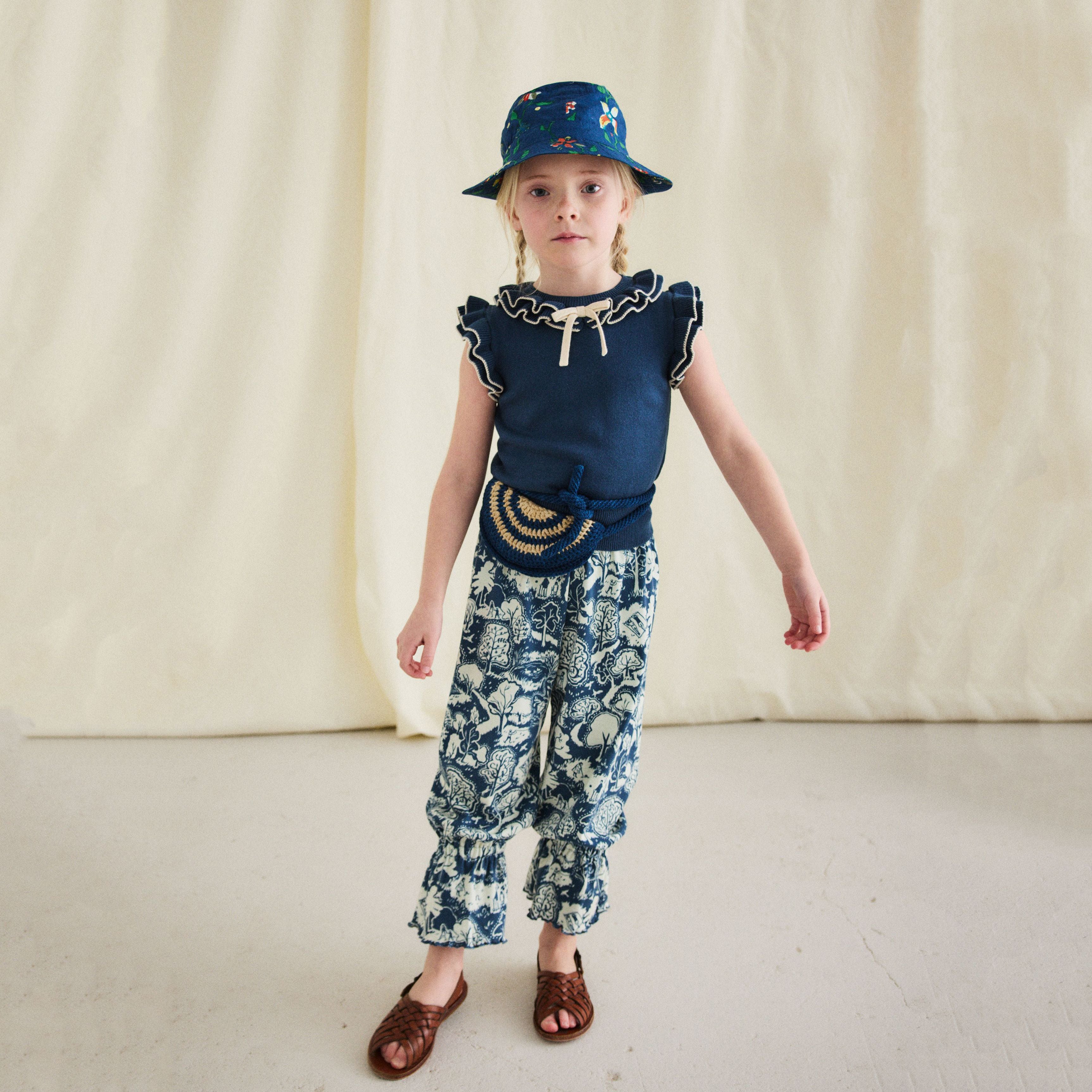 Girls Navy Ruffled Cotton Top