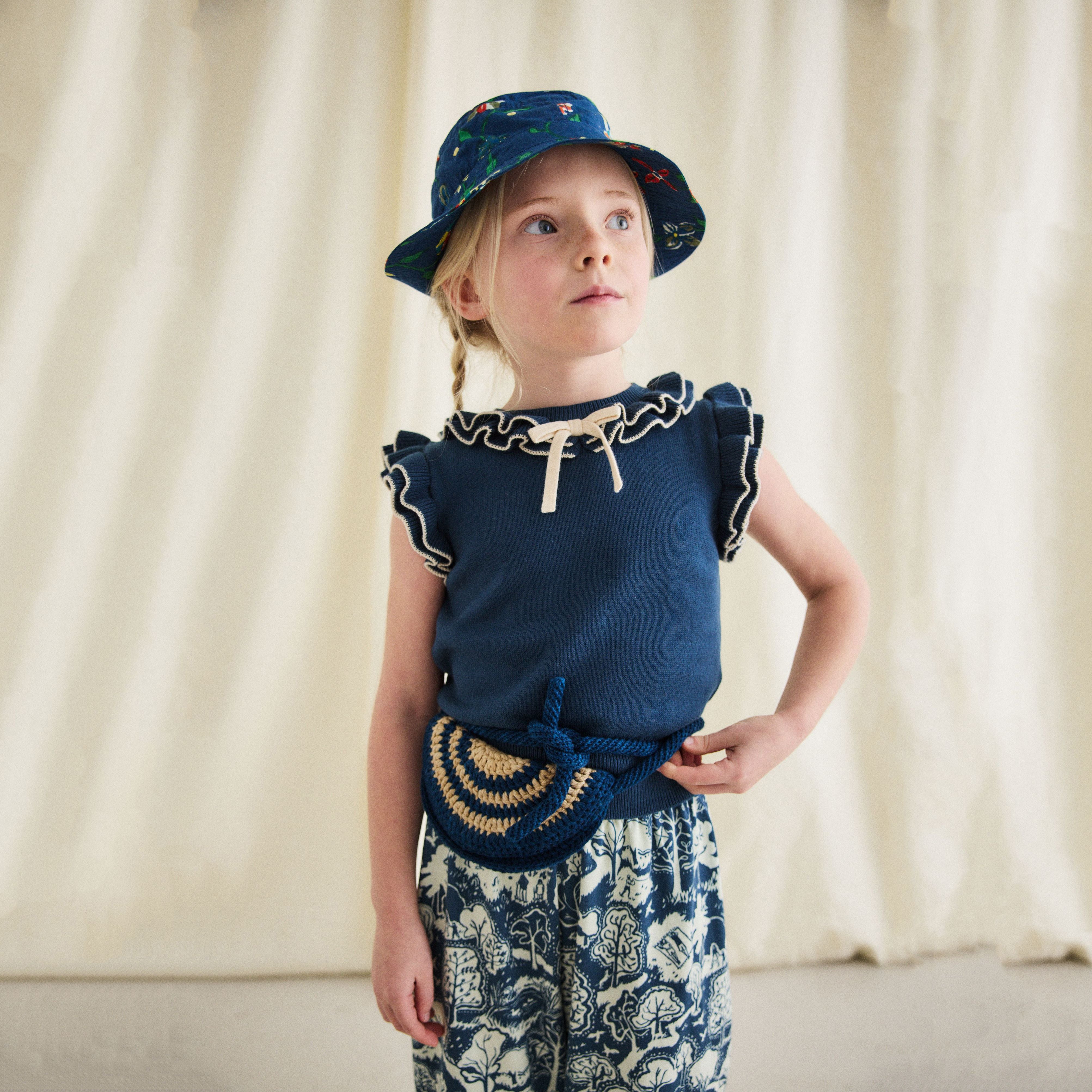 Girls Navy Ruffled Cotton Top
