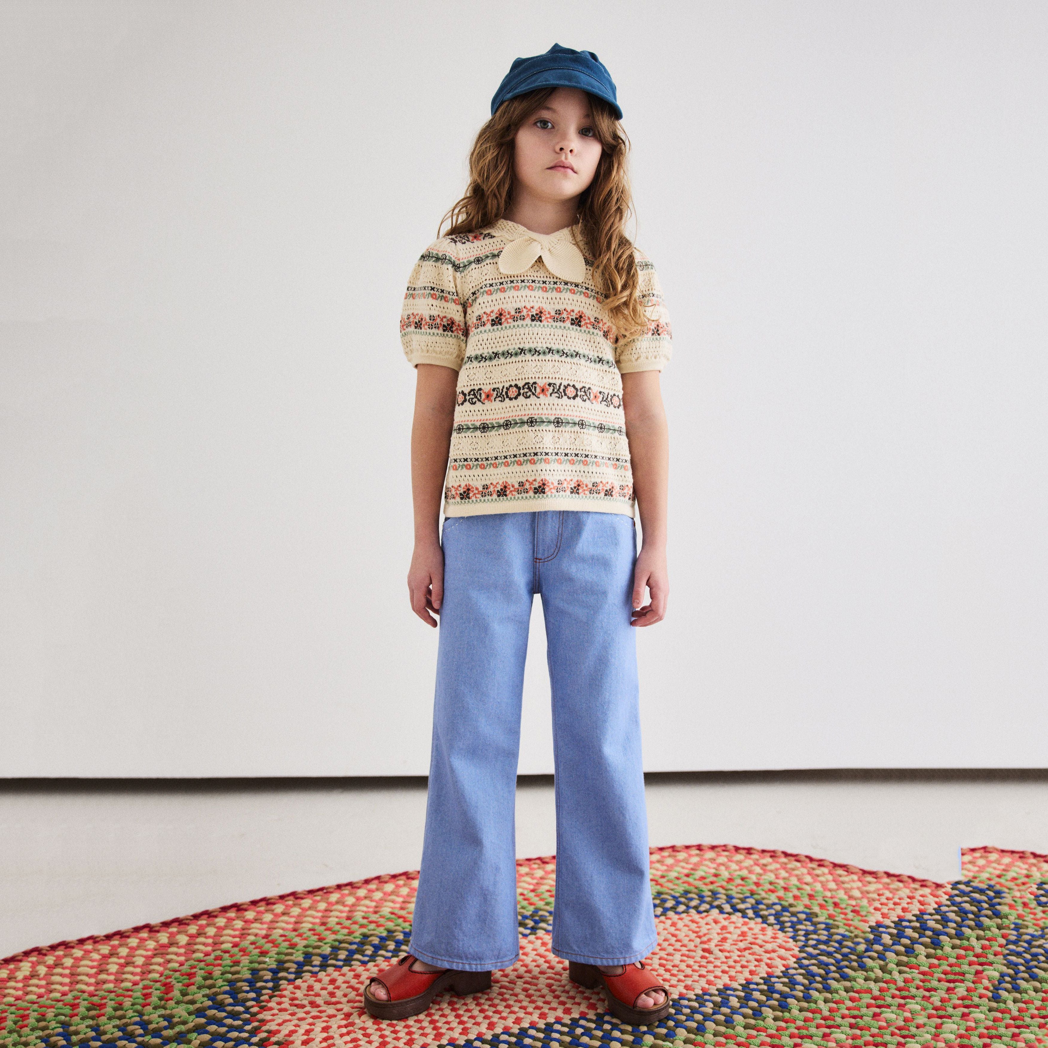 Girls Beige Bow Knit Cotton Top