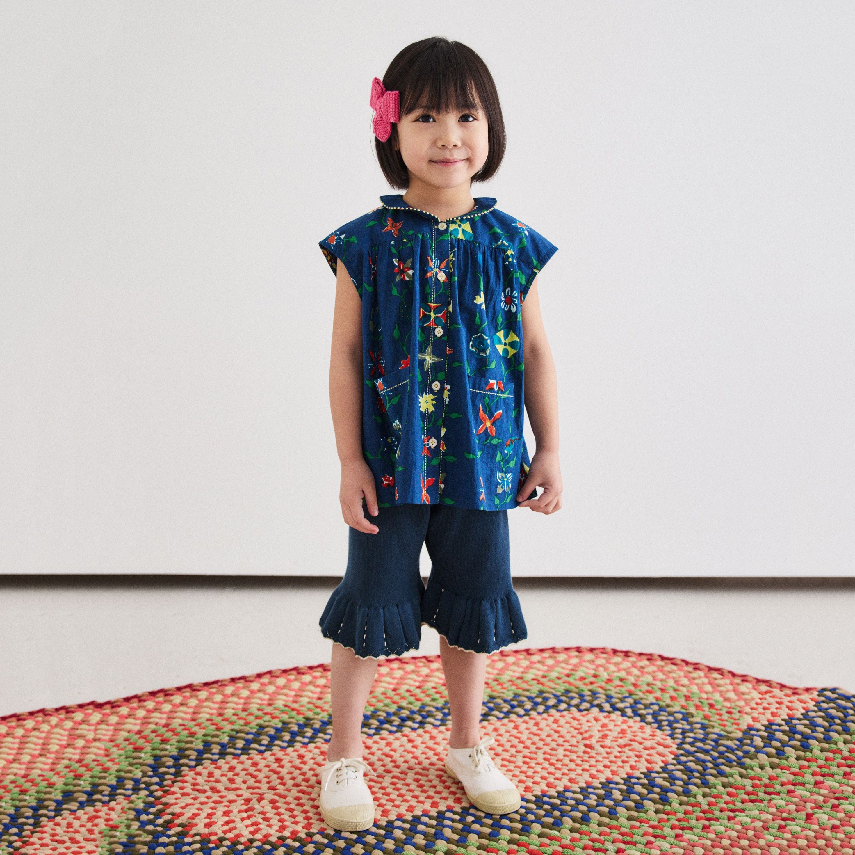 Girls Navy Knit Cotton Cropped Trousers