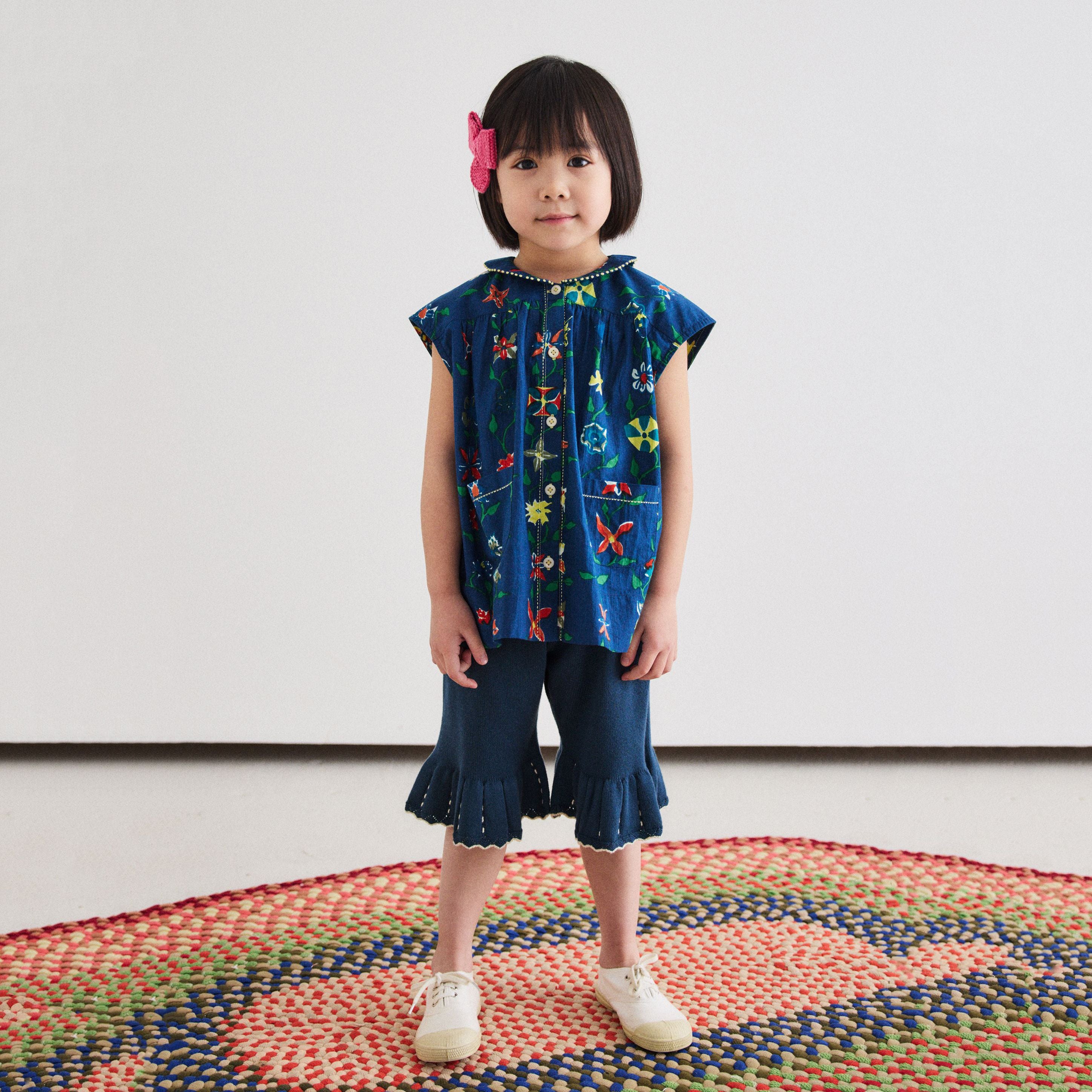 Girls Navy Knit Cotton Cropped Trousers