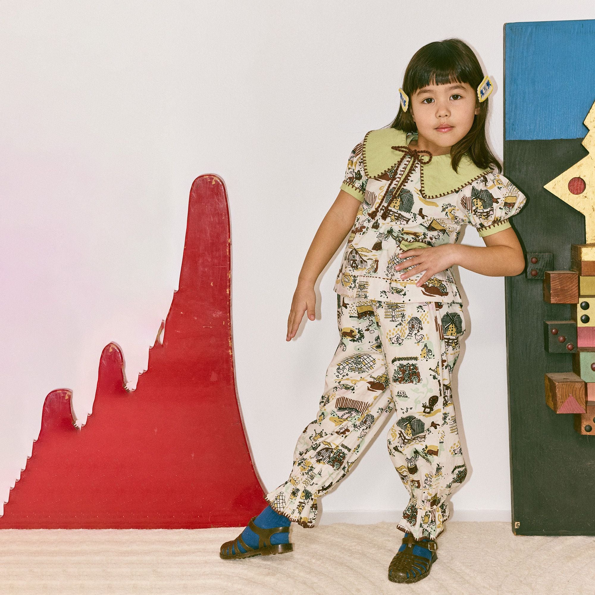 Girls Beige Printed Cotton Top