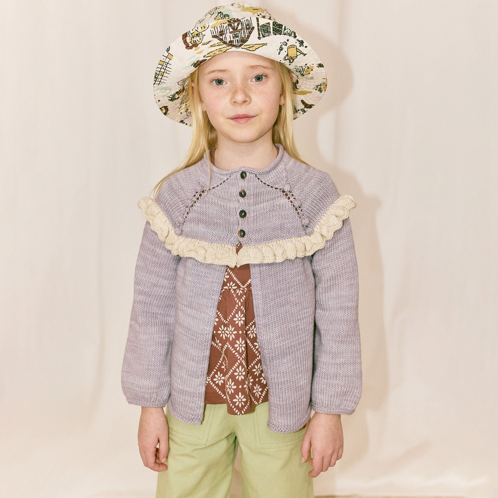 Girls Mist Purple Cotton Ruffle Cardigan