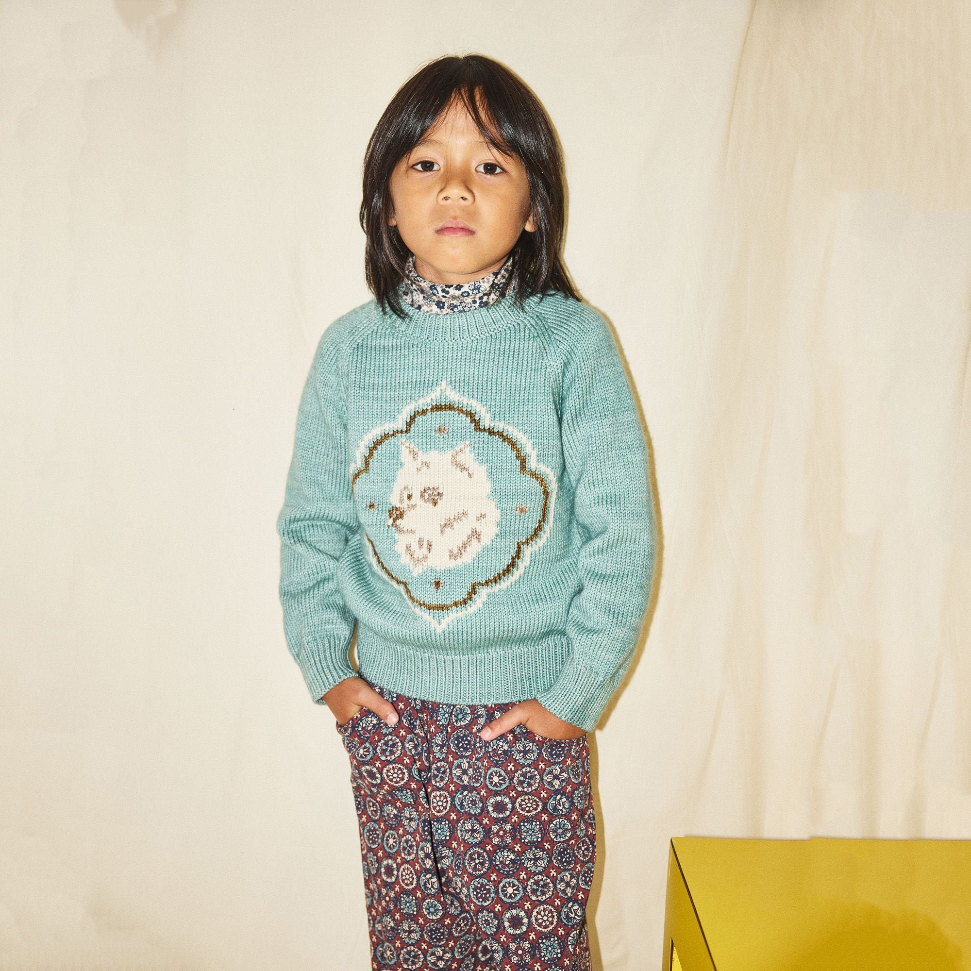 Boys & Girls Green Dog Jacquard Wool Sweater