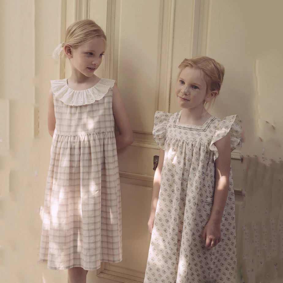 Girls Beige Cotton Plaid Dress