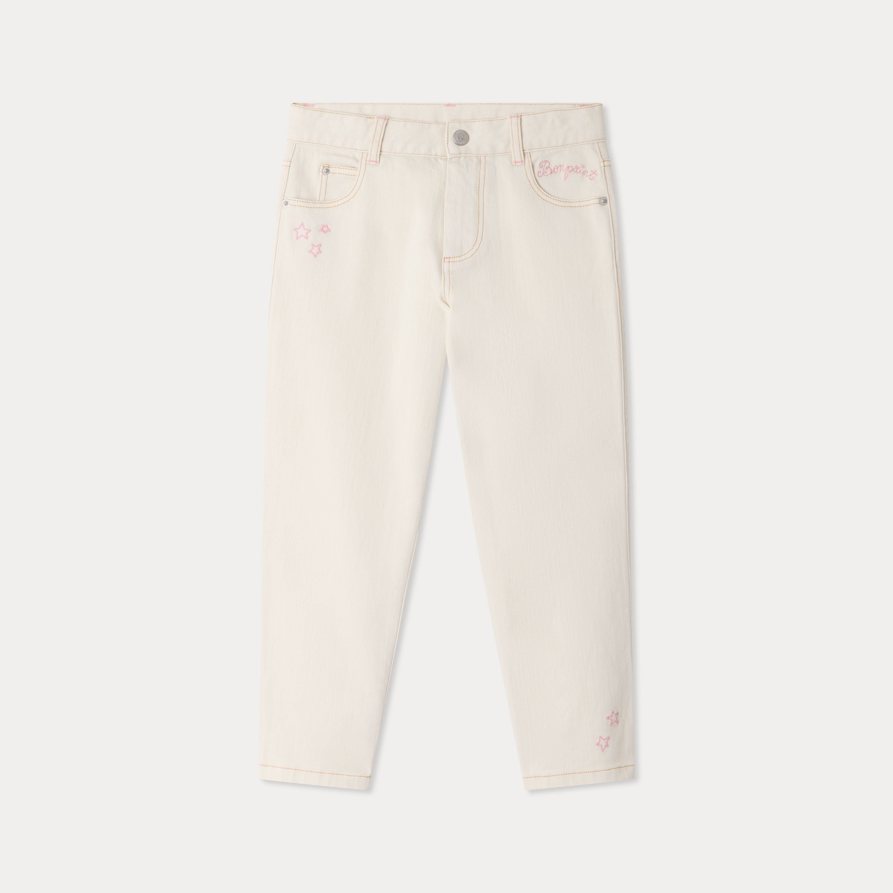 Girls White Embroidered Denim Trousers