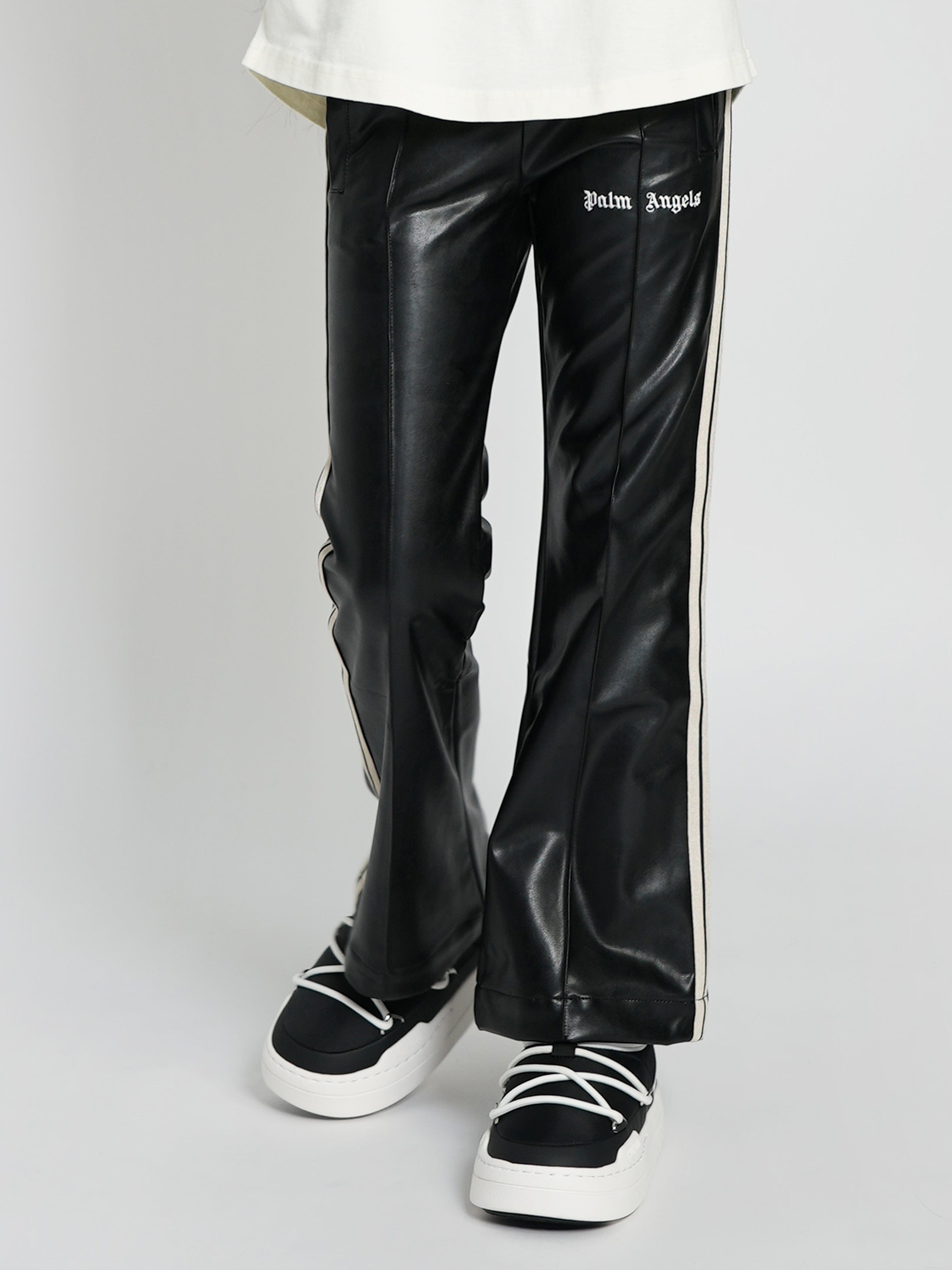 Palm Angels Girls Coated Track Flare Pants in Black