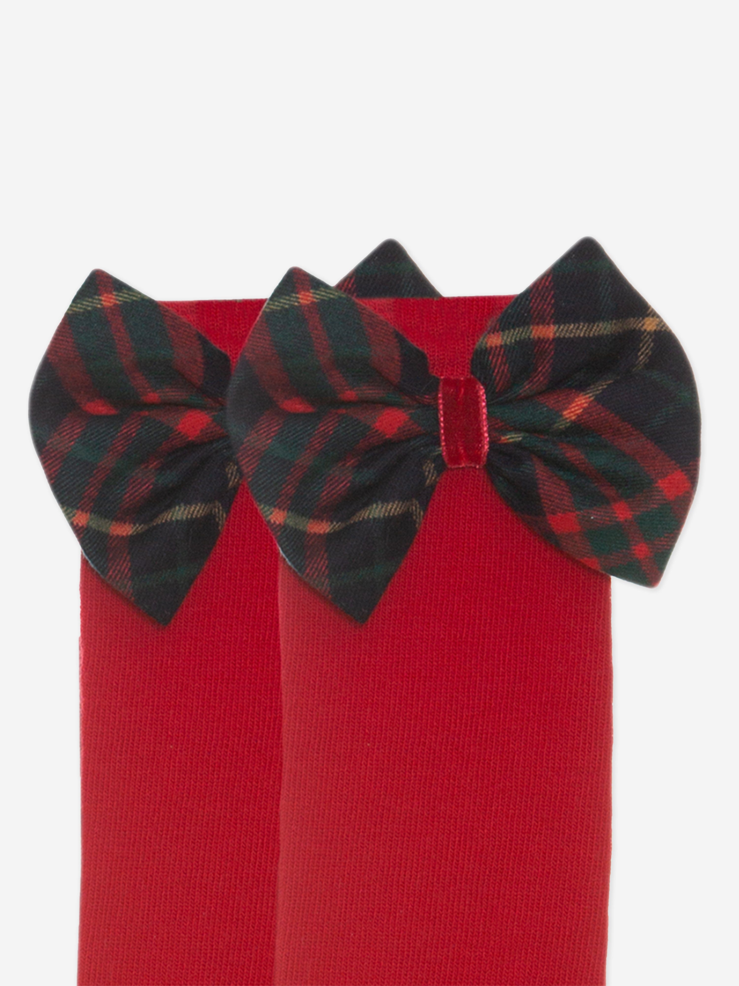 Girls Tartan Bow Socks in Red