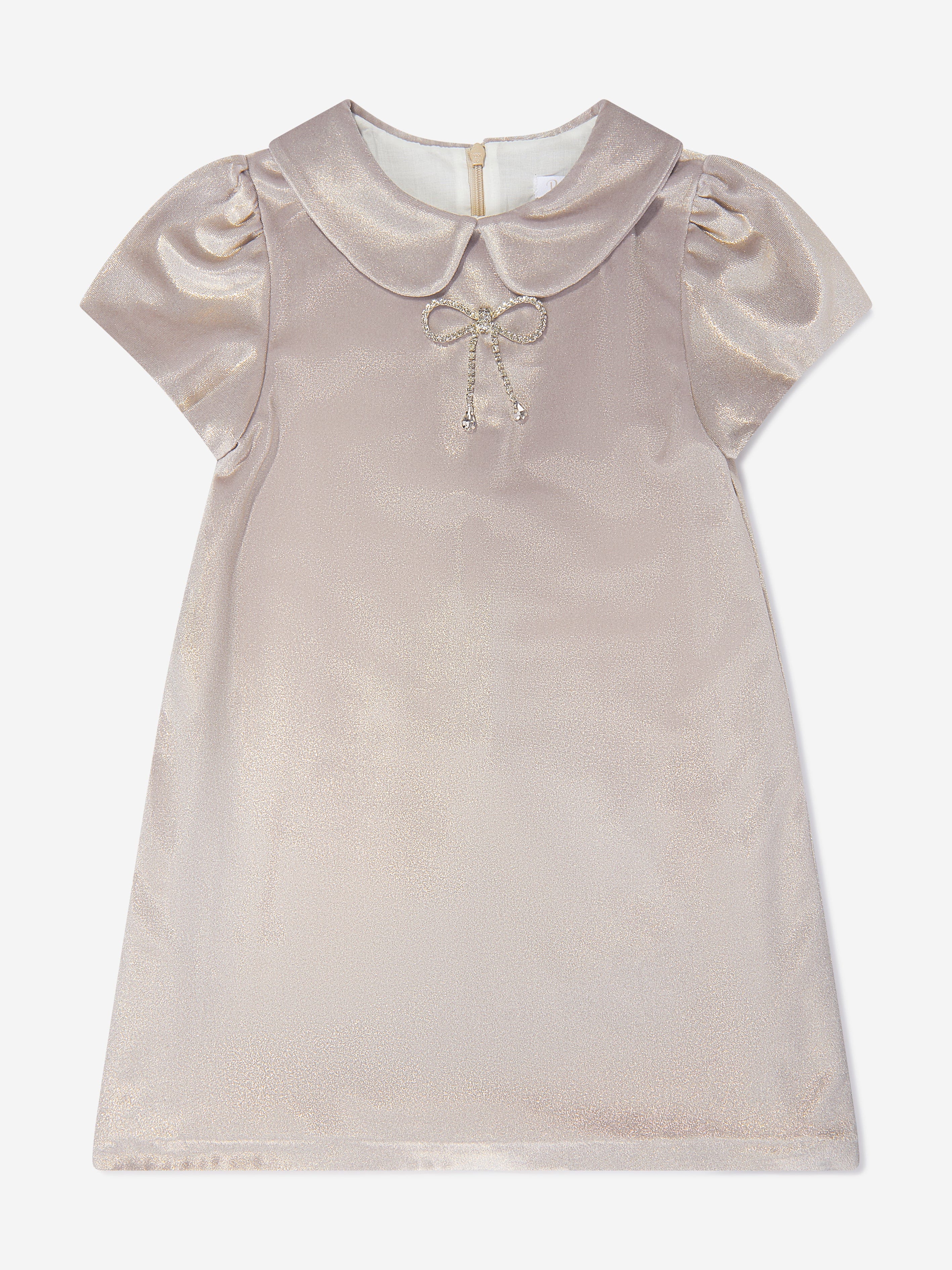Girls Velour Sparkle Bow Dress in Gold