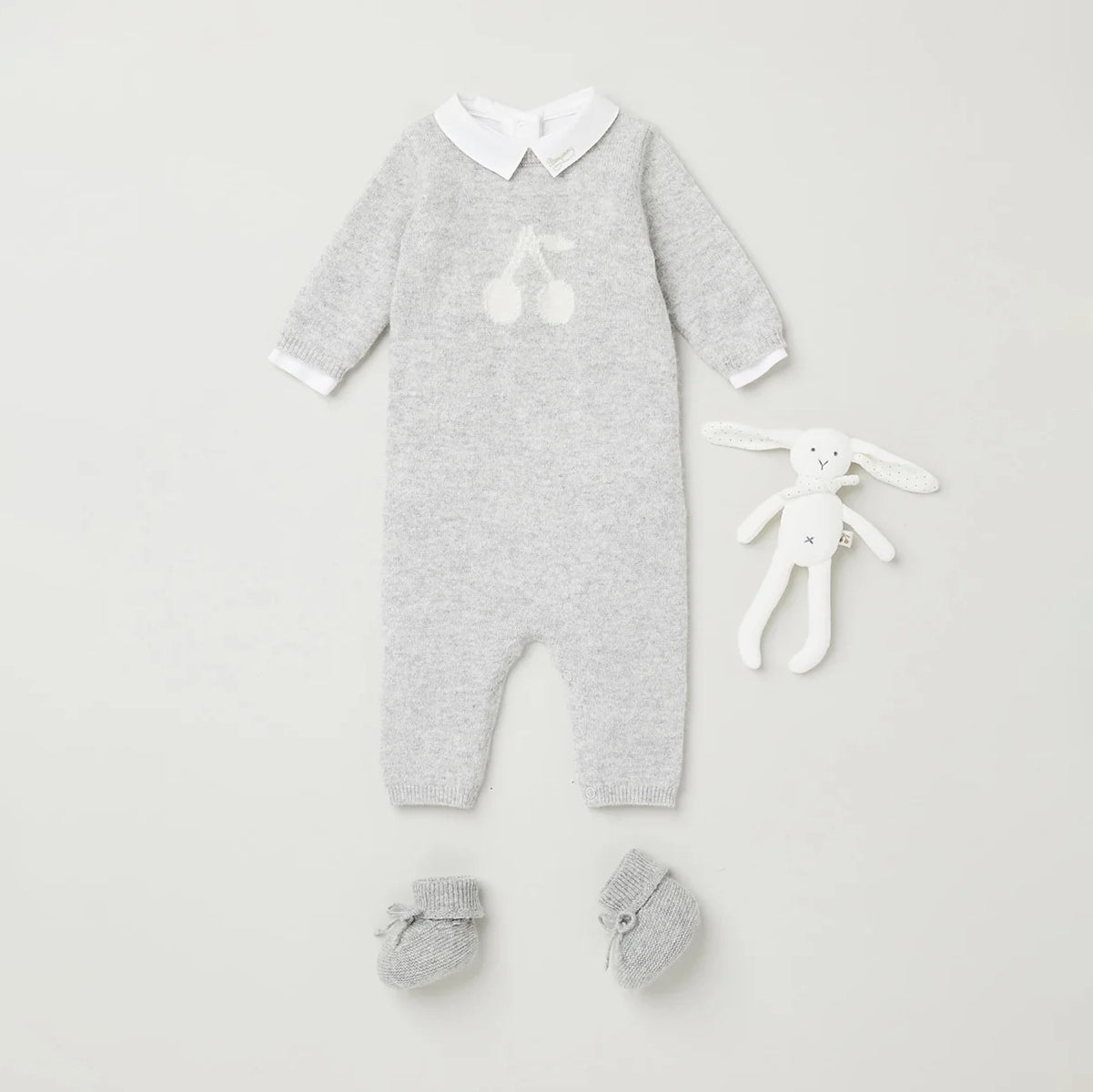 Baby Boys & Girls Light Grey Cherry Jacquard Cashmere Babysuit