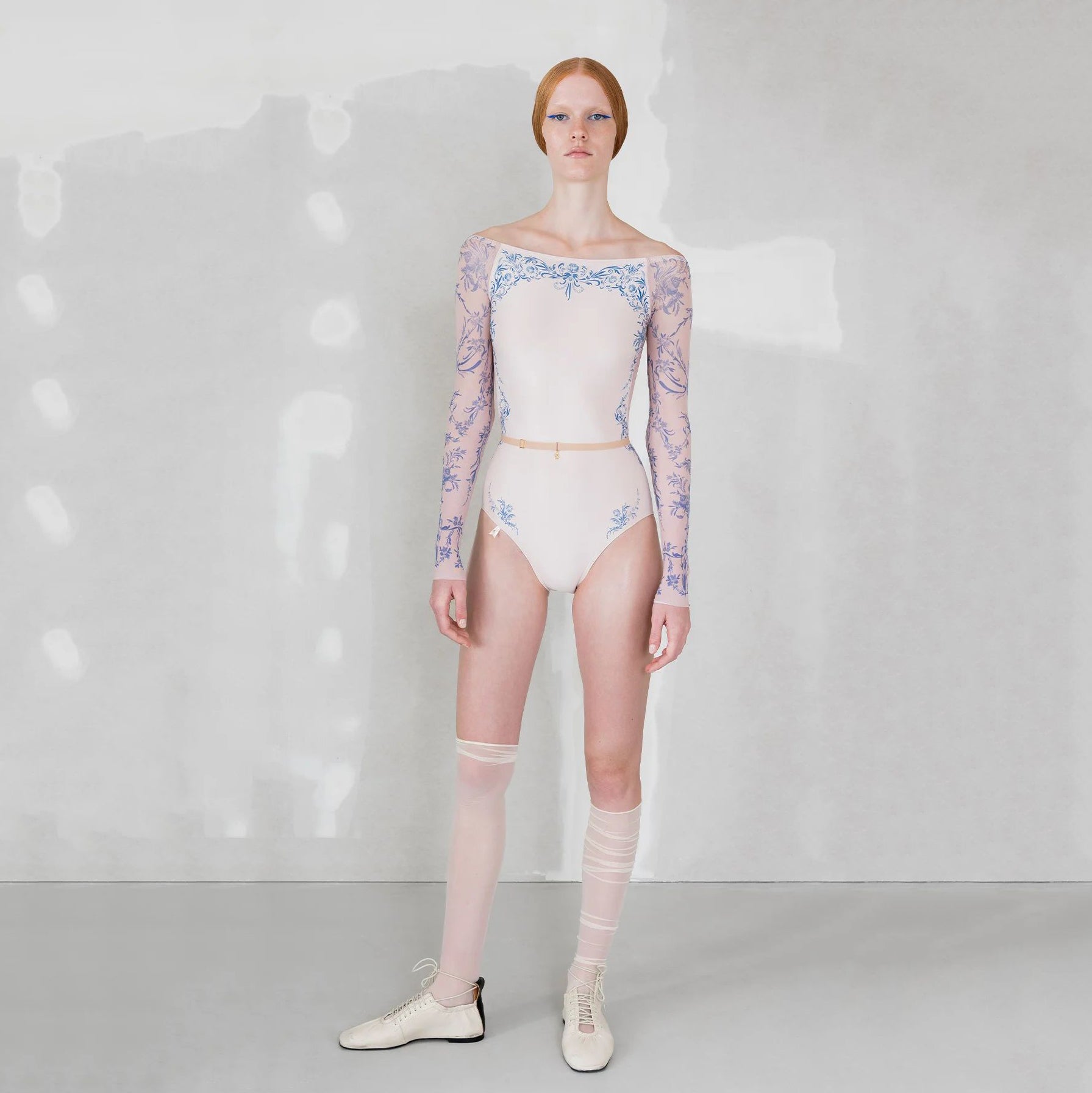 Women Pearl Blush "PORCELAIN SKIN" Long Sleeves Ballet Onesies(252LE26VC/pearl blush/cobalt blue)