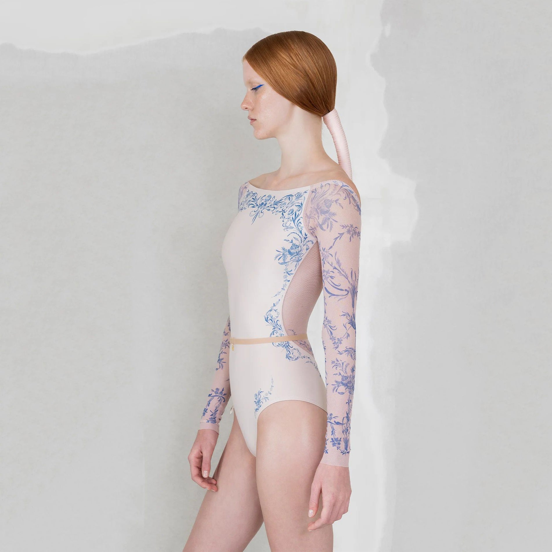 Women Pearl Blush "PORCELAIN SKIN" Long Sleeves Ballet Onesies(252LE26VC/pearl blush/cobalt blue)