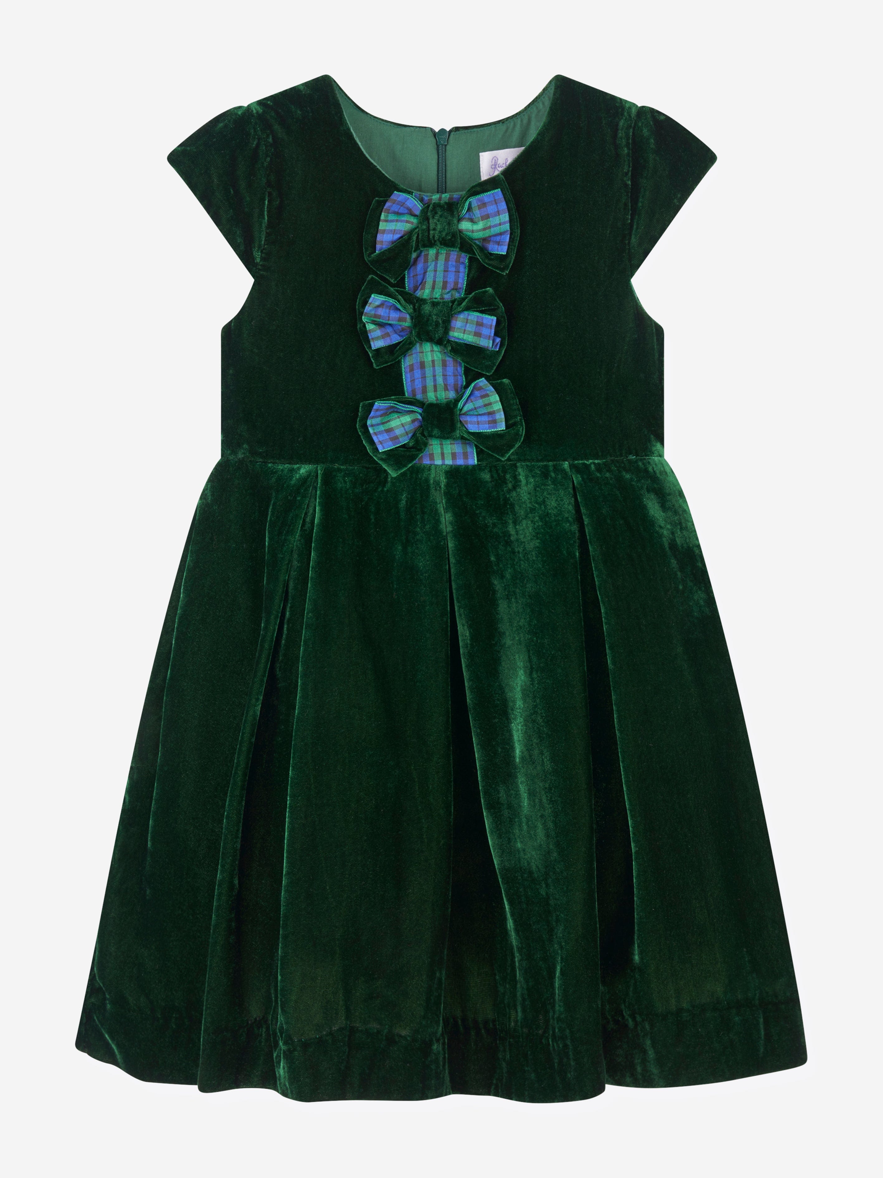 Rachel Riley Girls Tartan Bow Velvet Dress in Green