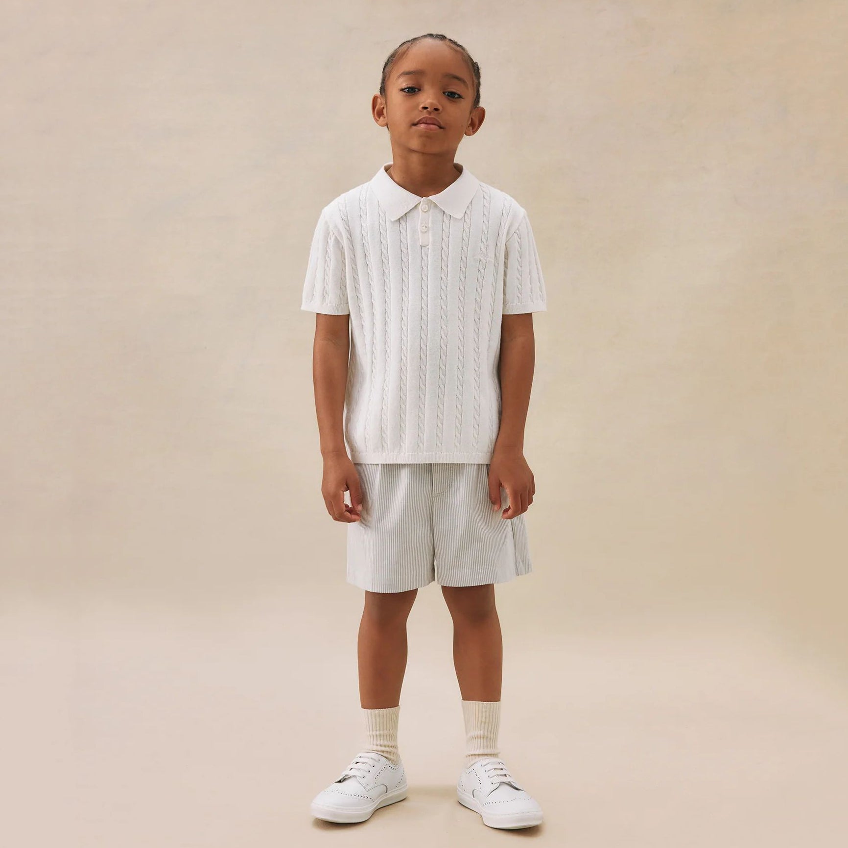 Girls Beige Grey Stripes Cotton Shorts