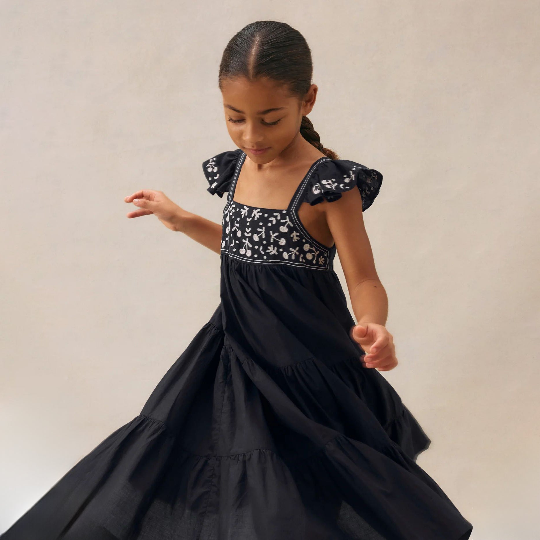 Girls Black Embroidered Cotton Dress