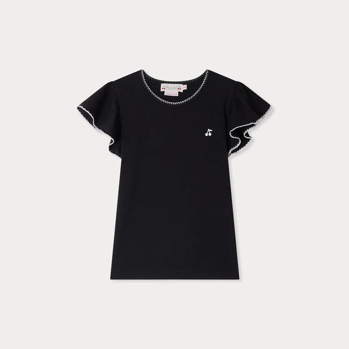 Girls Black Cherry Embroidered Cotton T-Shirt