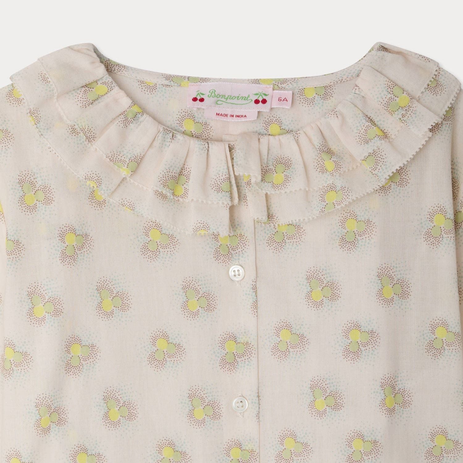 Girls Beige Printed Ruffled Cotton Blouse