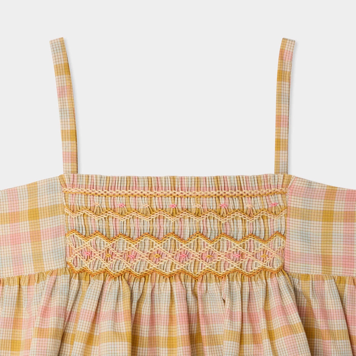 Girls Pink & Yellow Check Cotton Strap Top