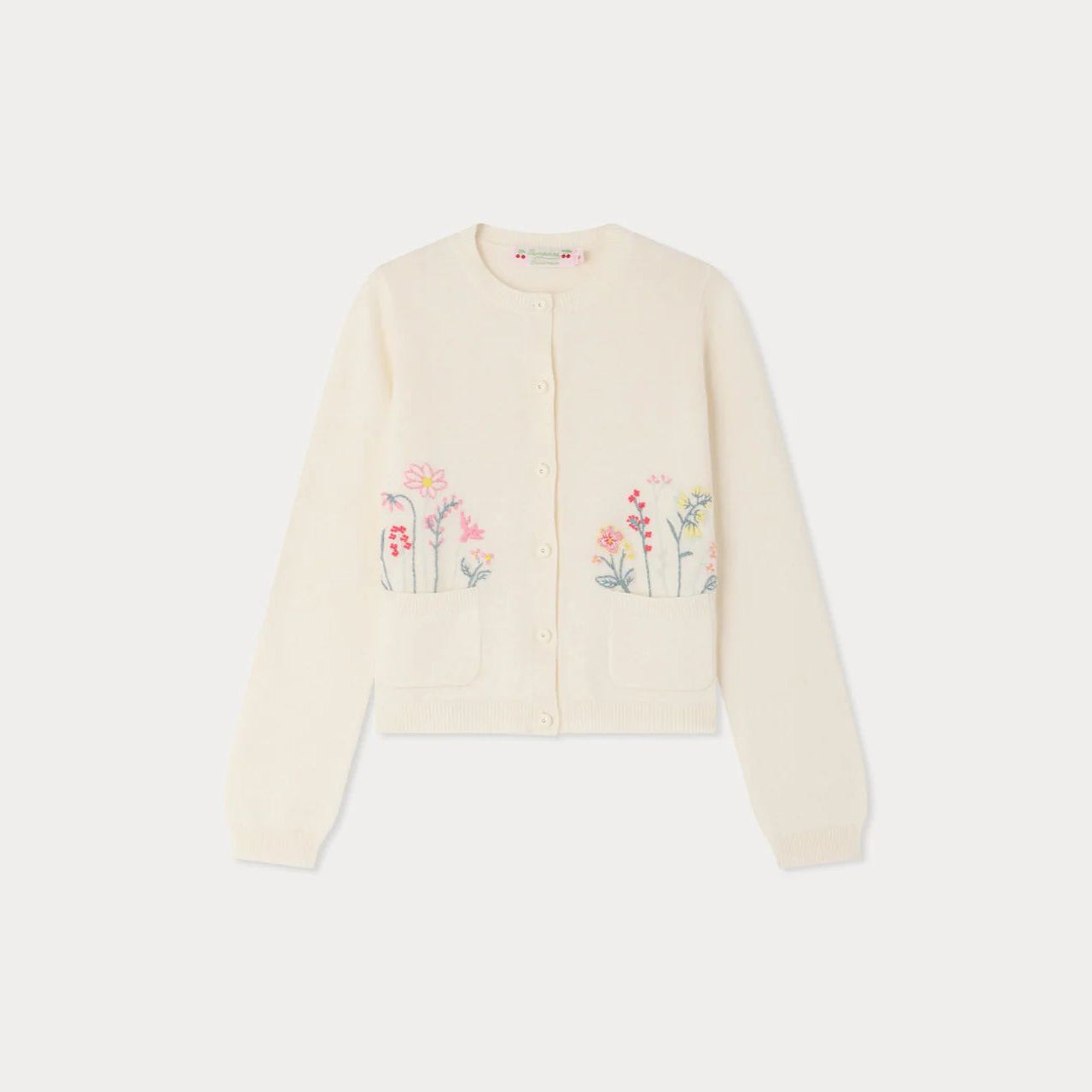 Girls White Embroidered Cotton Knit Cardigan
