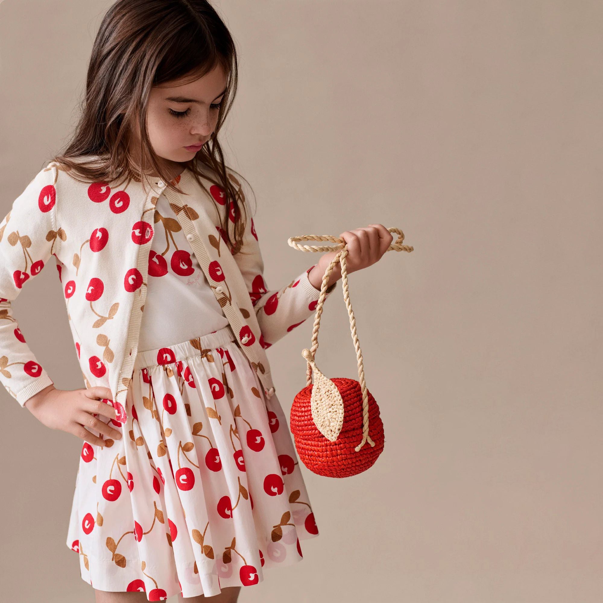 Girls White Cherry Printed Cotton T-Shirt