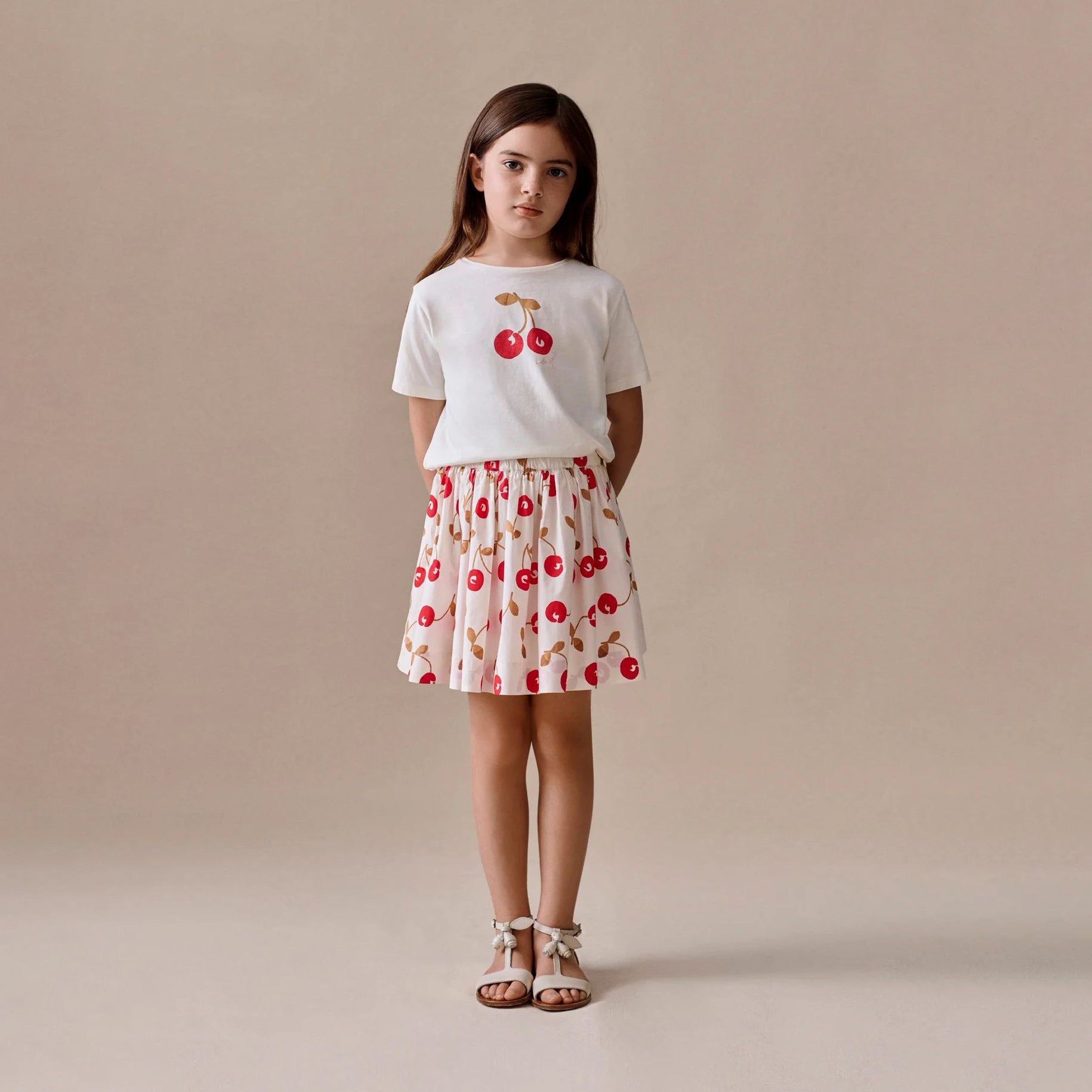 Girls White Cherry Printed Cotton T-Shirt