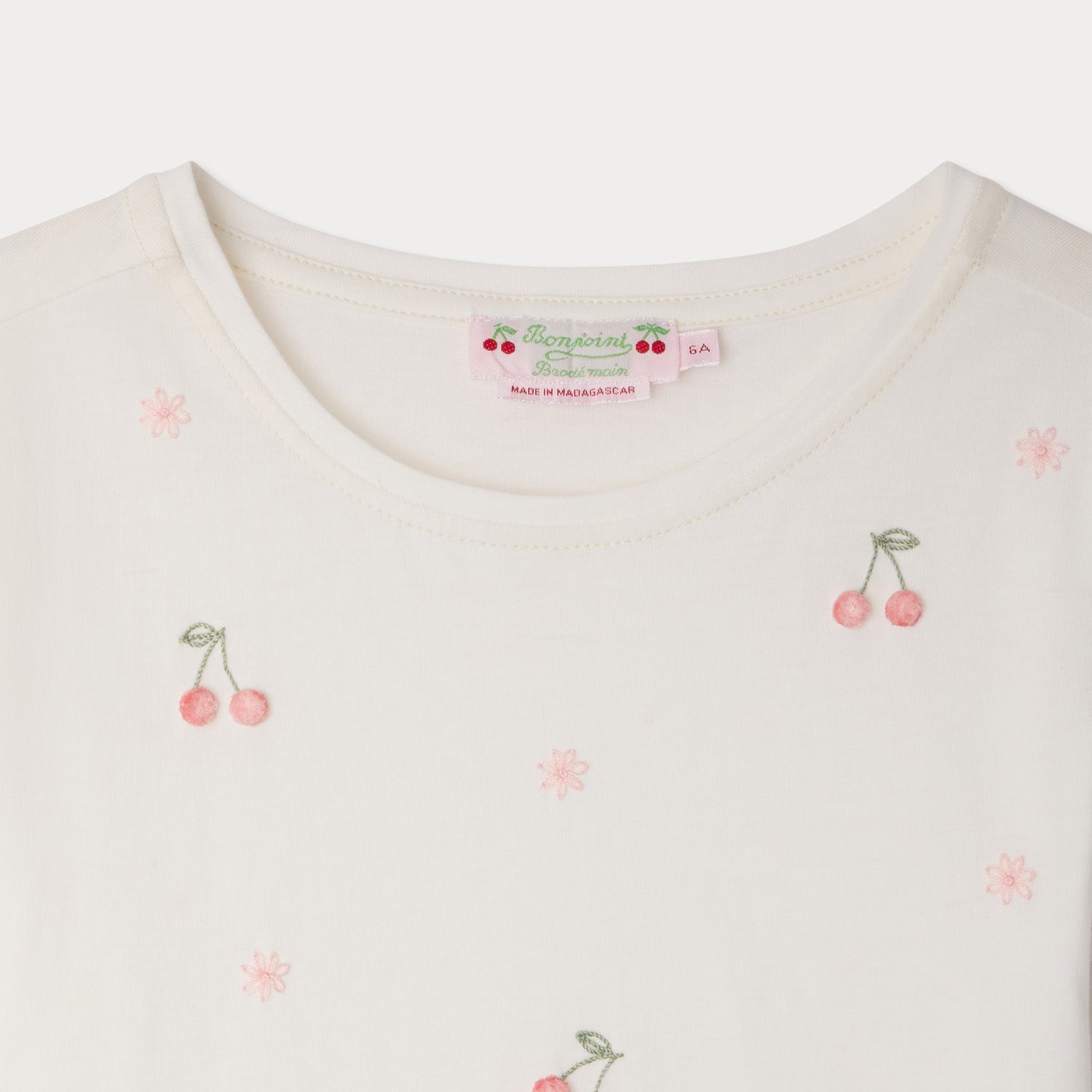 Girls White Cherry Embroidered Cotton T-Shirt
