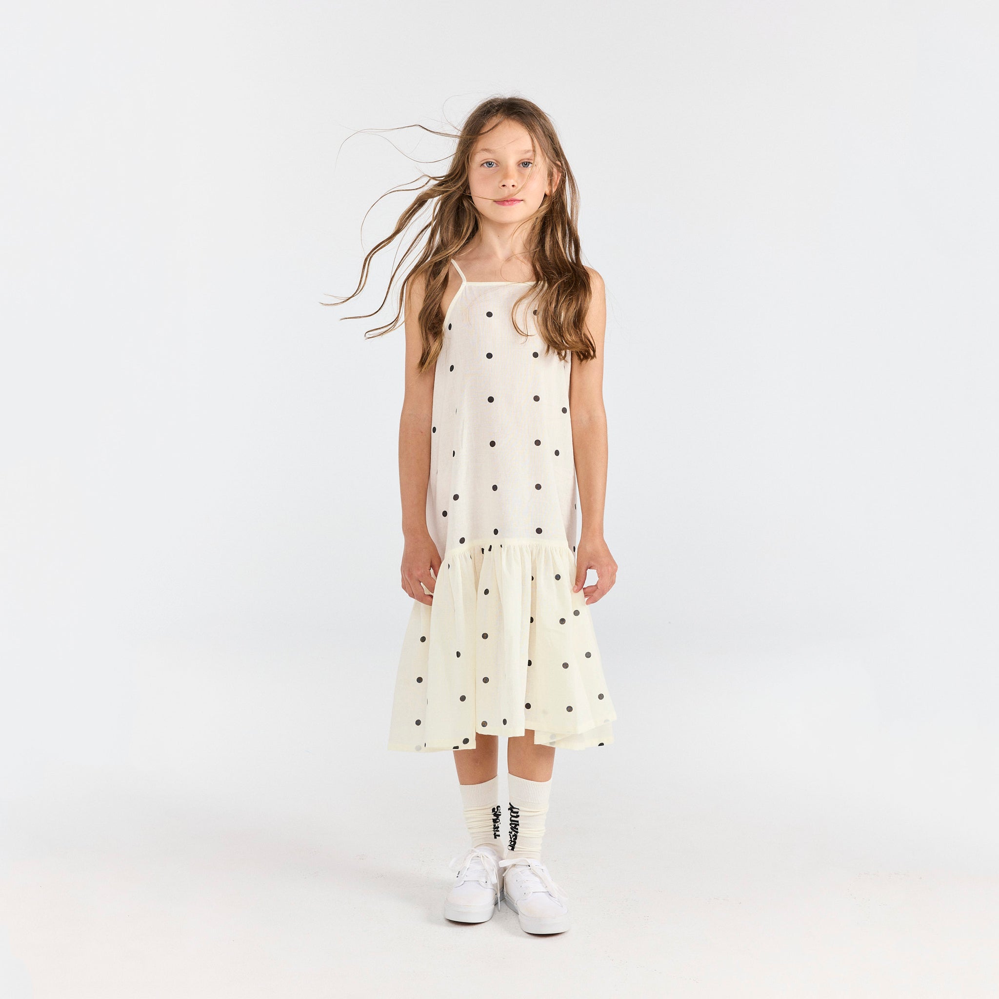 Girls White Dots Cotton Strap Dress