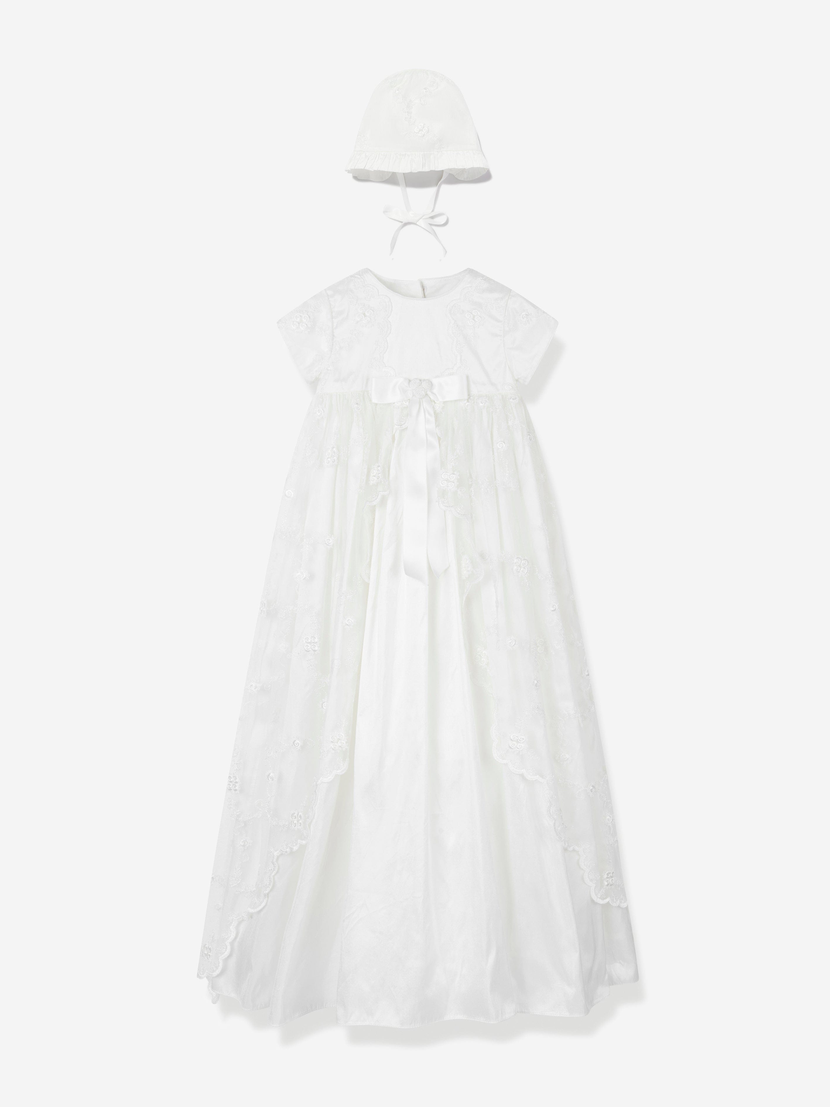 Baby Girls Silk Christening Robe and Bonnet in Ivory