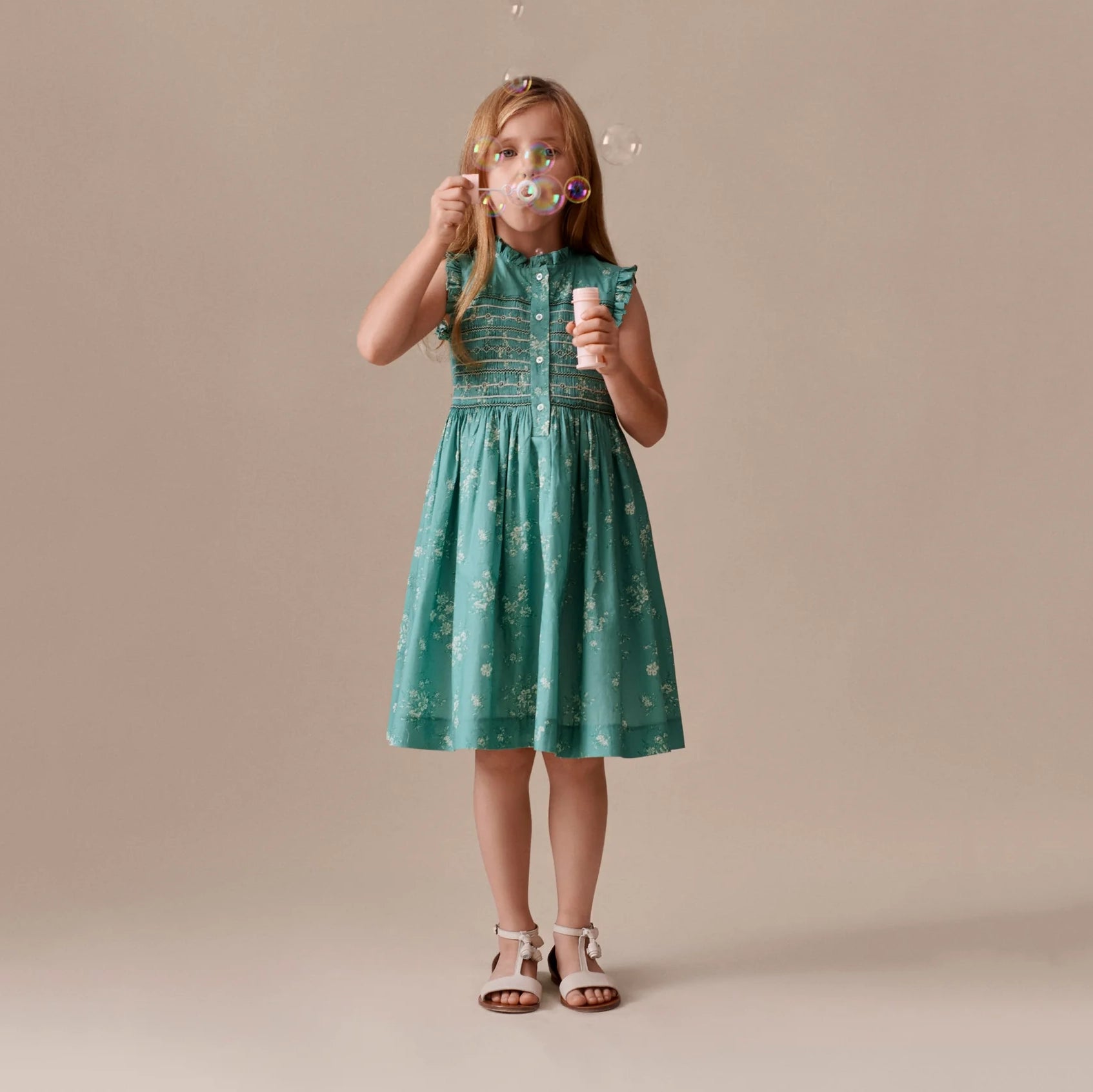 Girls Green Floral Cotton Dress