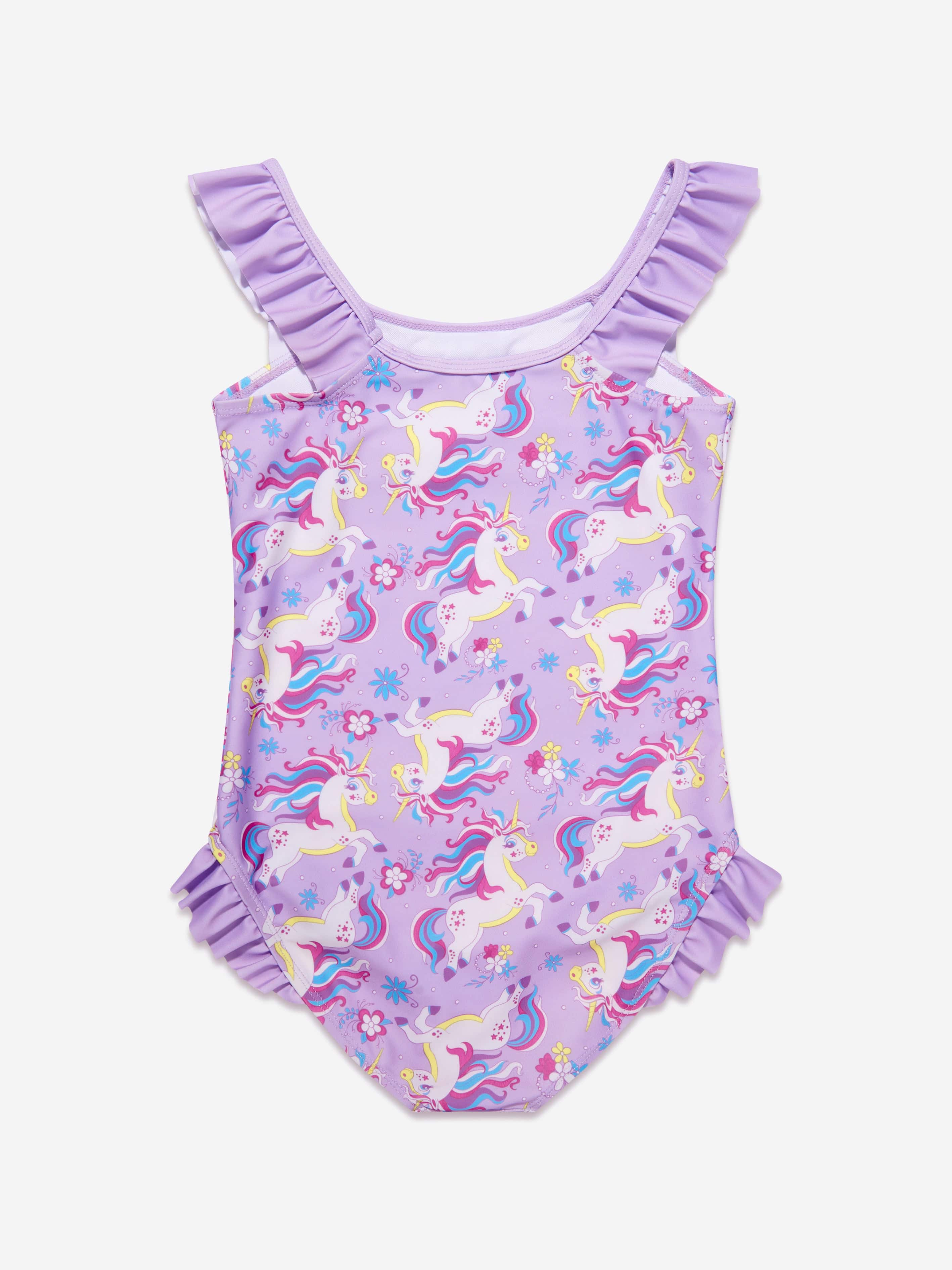 Soli Swim Girls Unicorn Frill Swimsuit (UPF50+) in Purple
