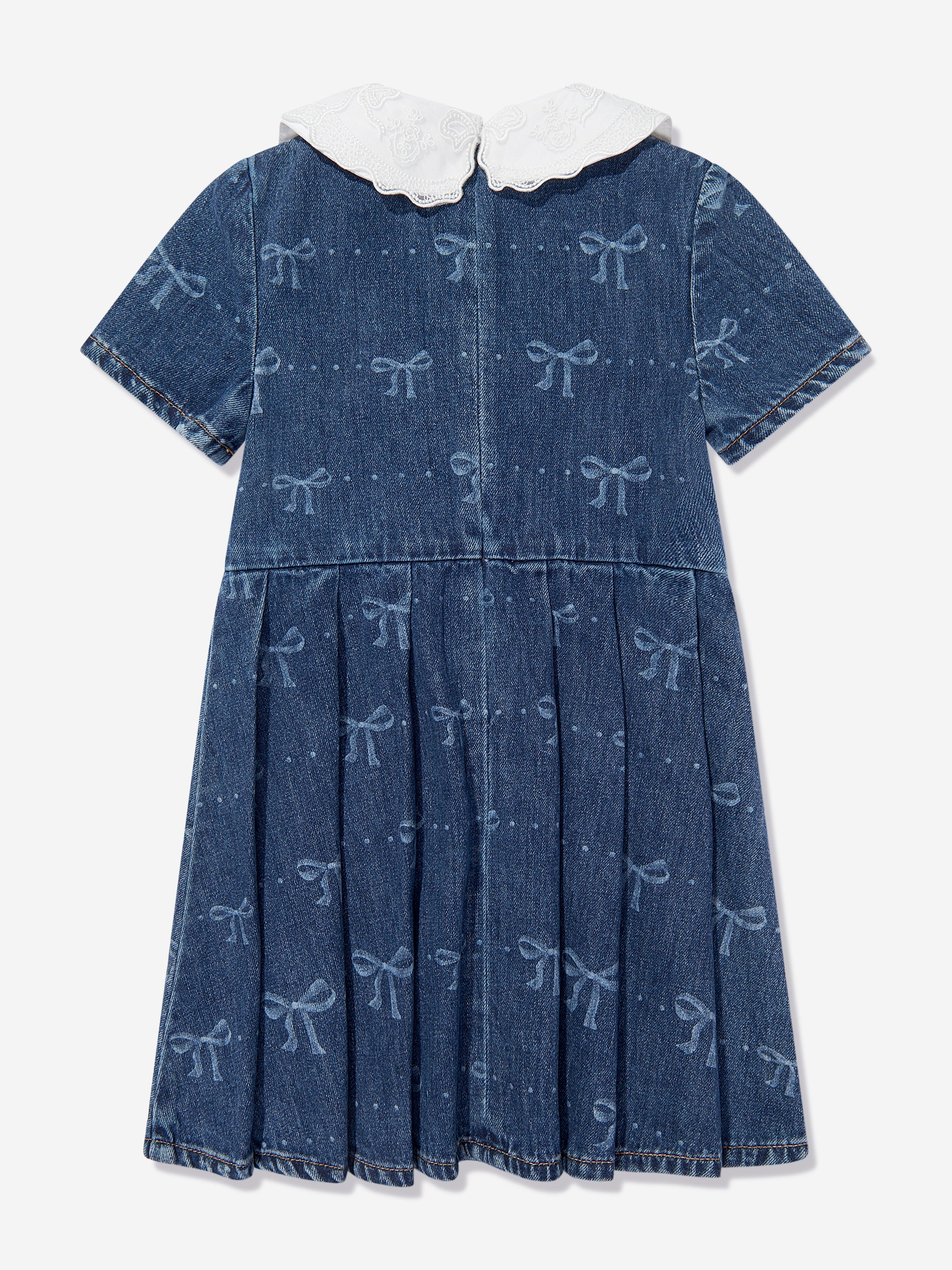 Girls Bow Denim Mini Dress in Blue