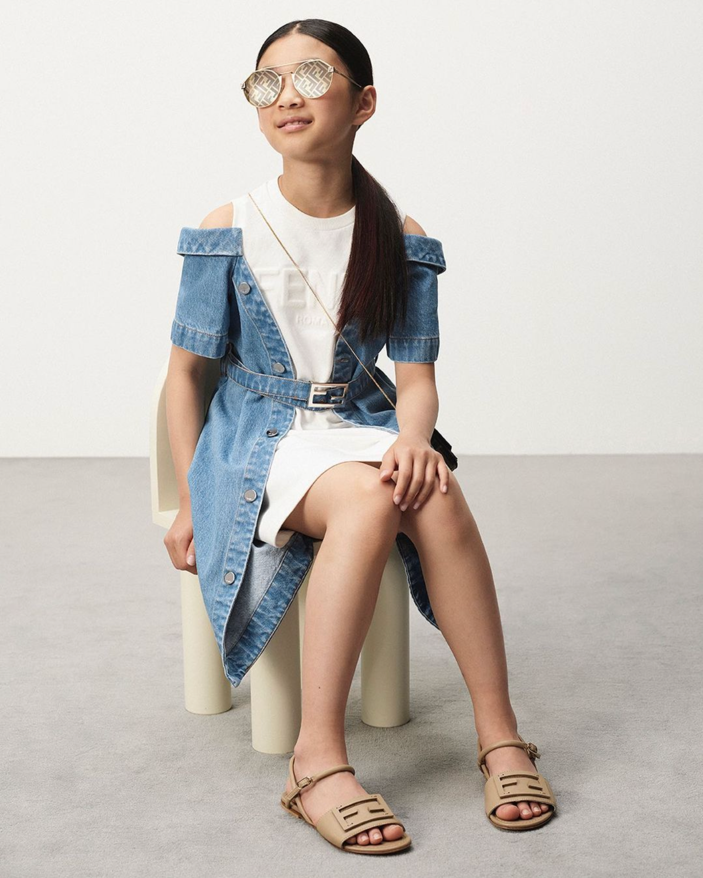 Girls Double Fabric Denim Dress in Blue