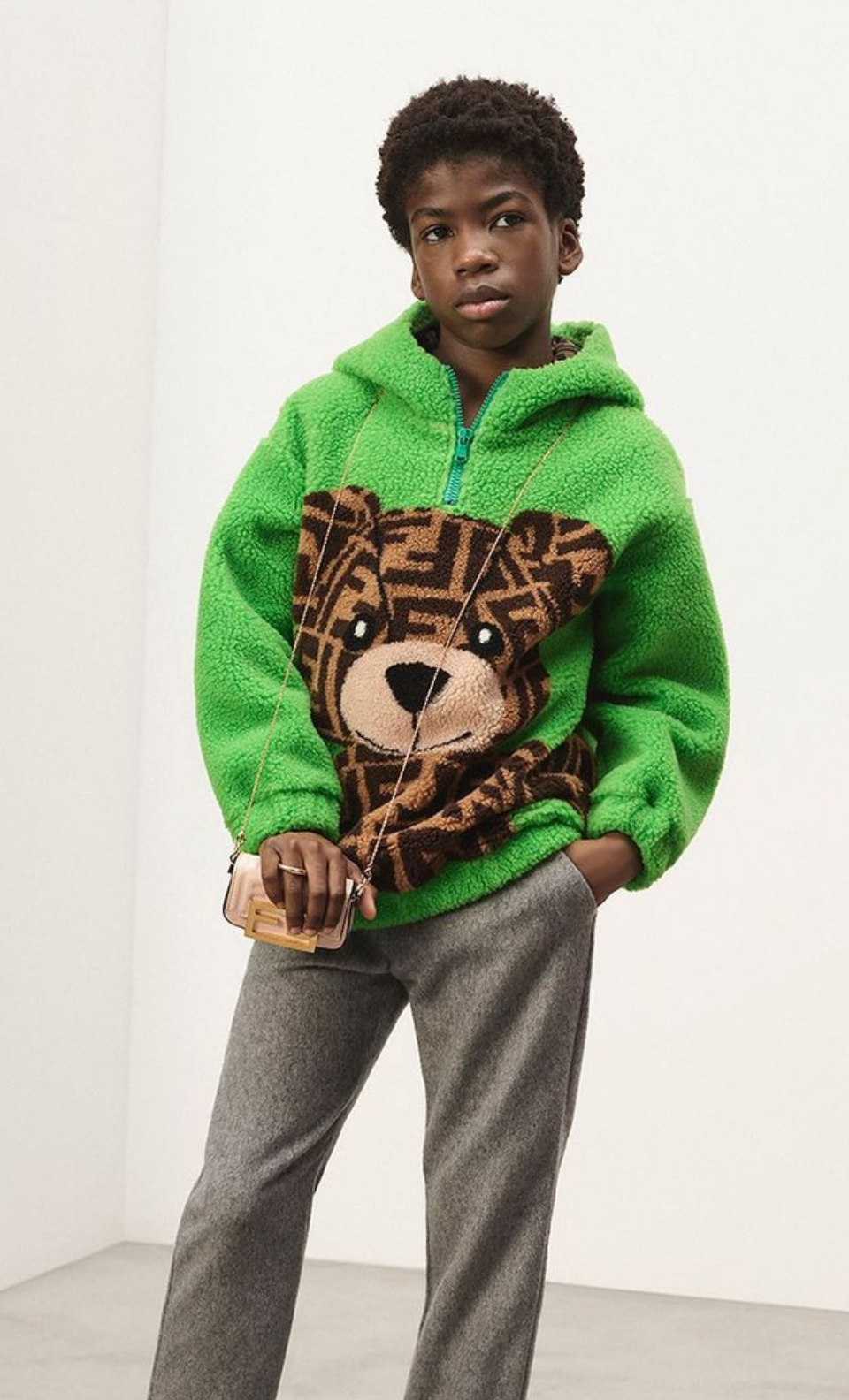 Kids Wool Bear Hoodie in Green