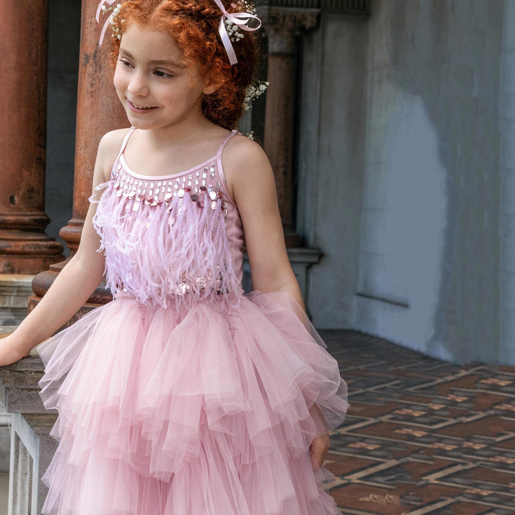 Girls Pink Feathered Tutu Dress
