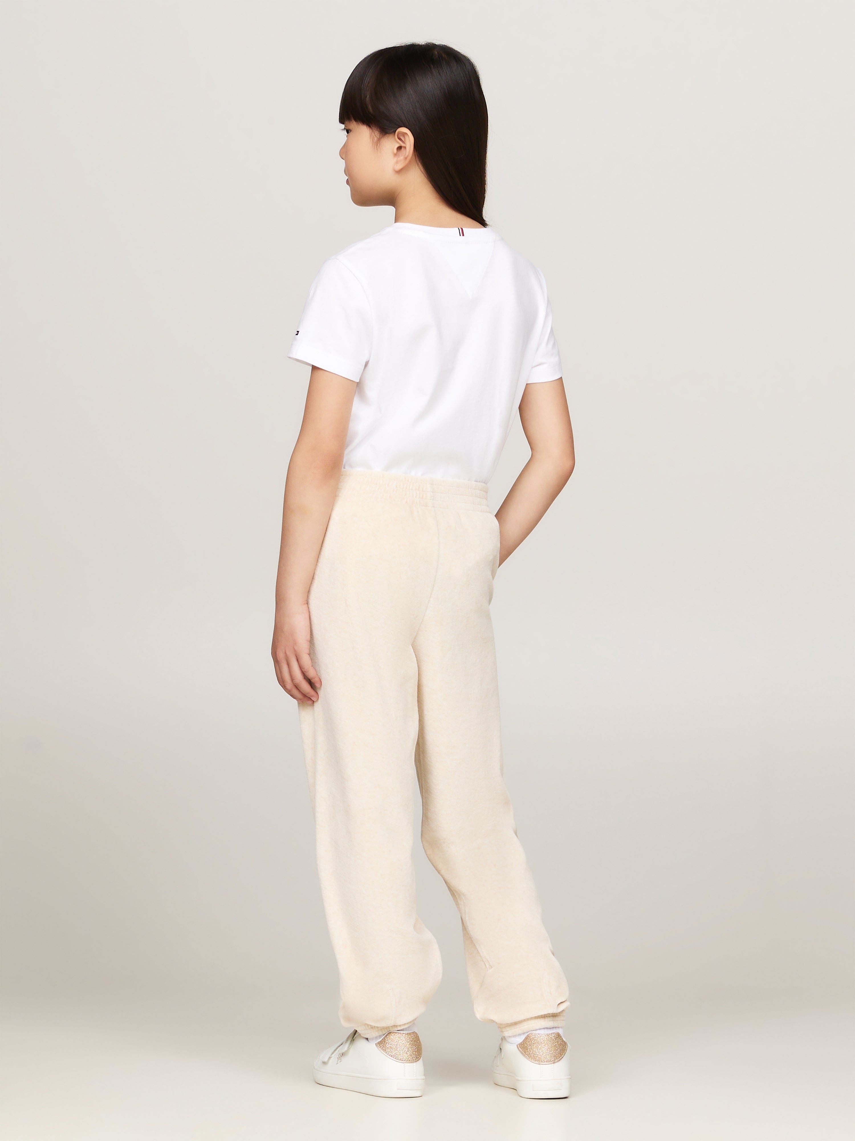 Tommy Hilfiger Girls Script Logo Velour Pants in Beige