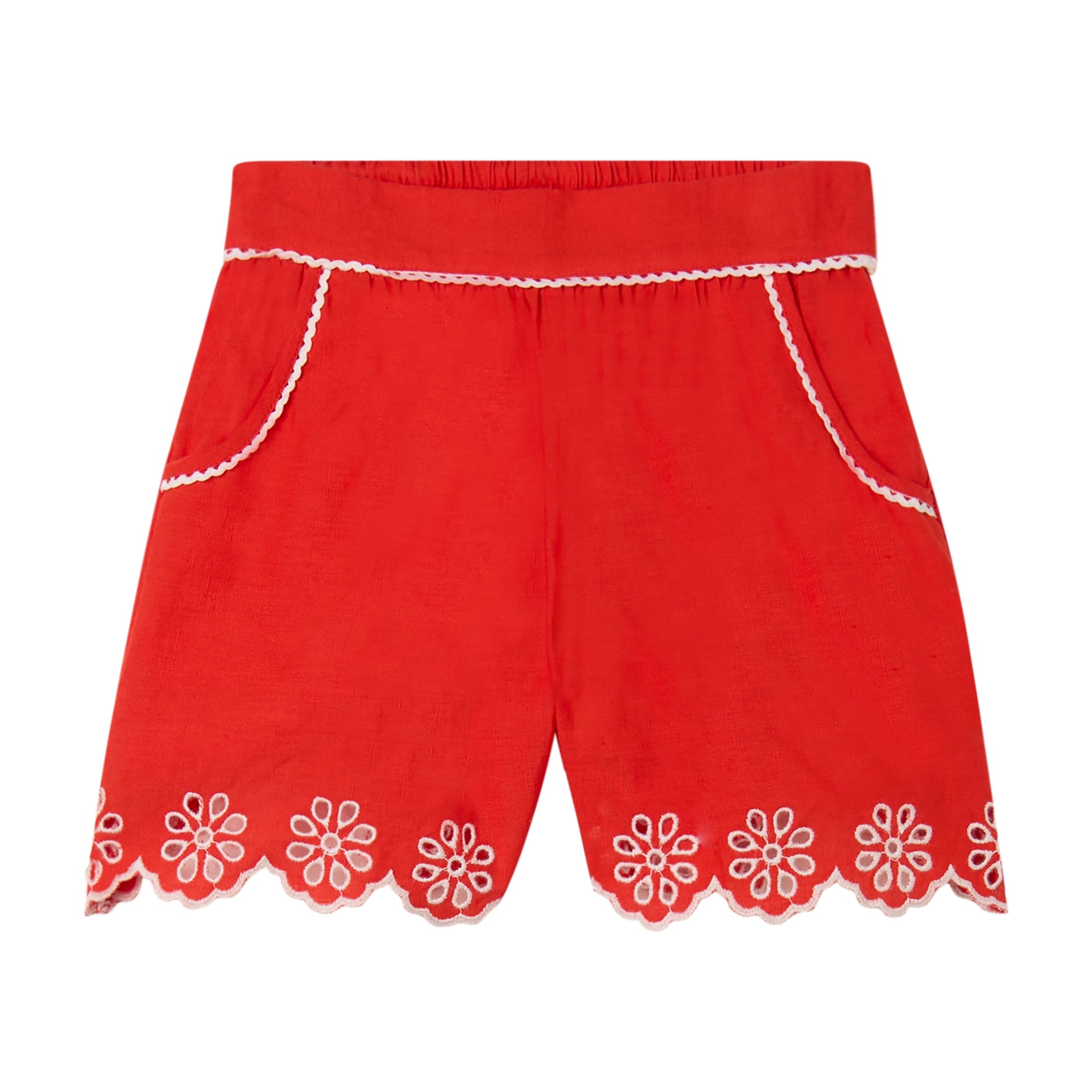 Girls Red Embroidered Lace Shorts