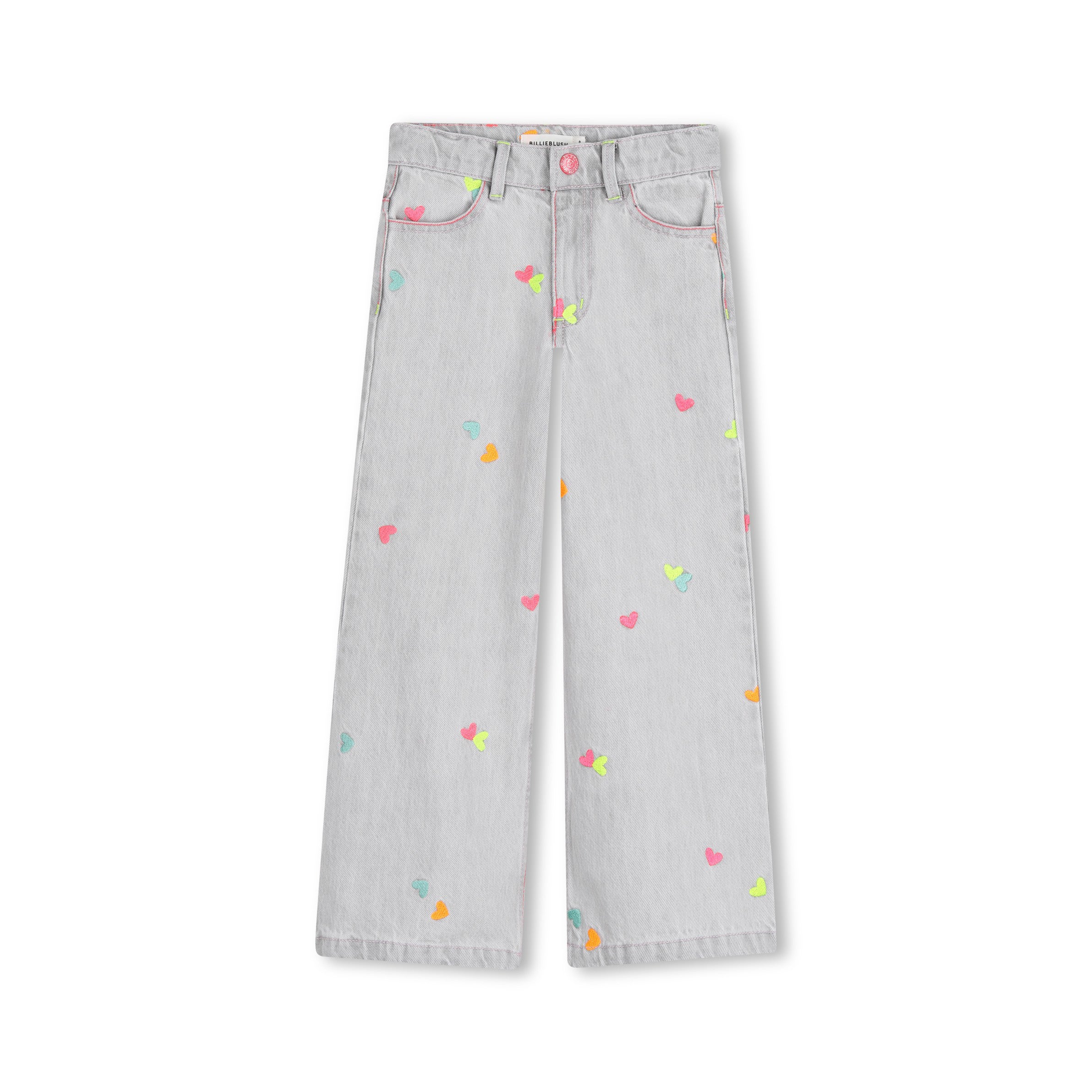 Girls Light Grey Heart Embroidered Denim Trousers