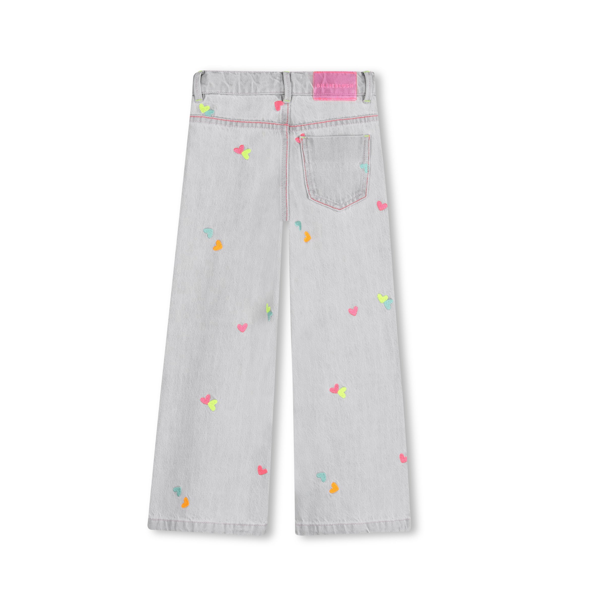 Girls Light Grey Heart Embroidered Denim Trousers