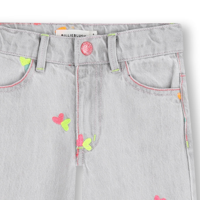 Girls Light Grey Heart Embroidered Denim Trousers