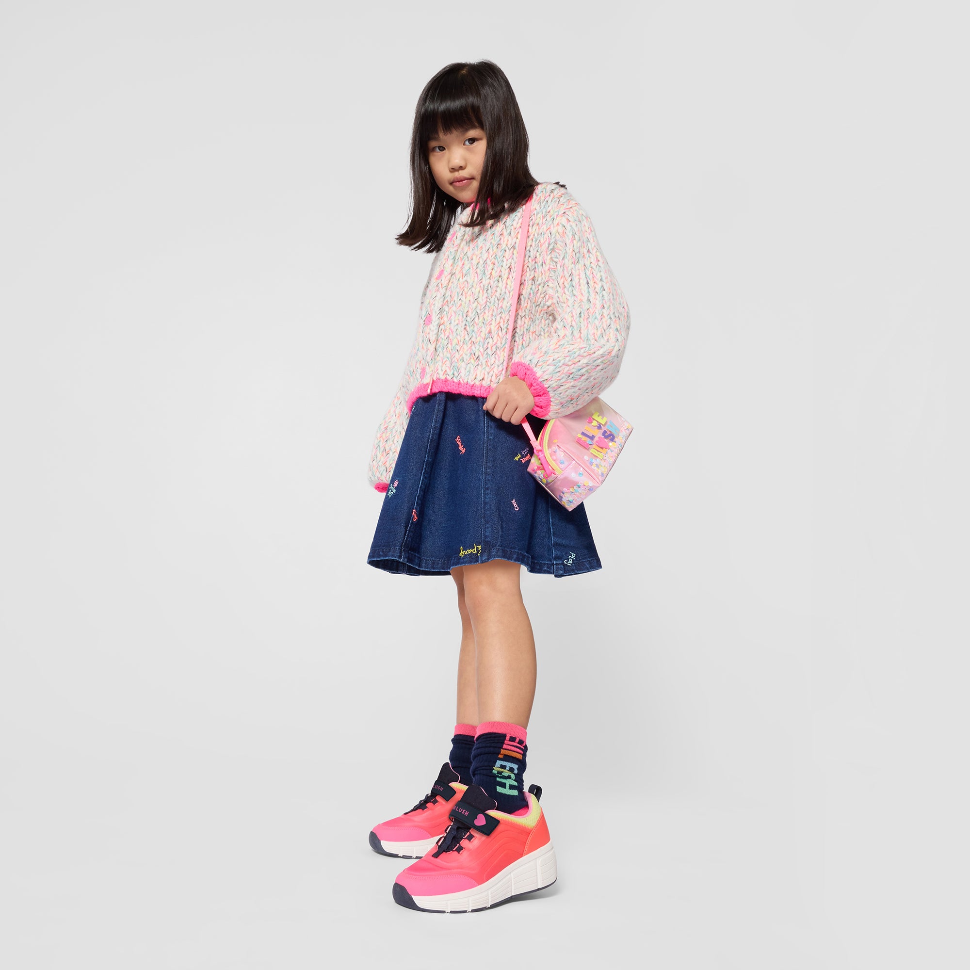 Girls Blue Embroidered Denim Skirt