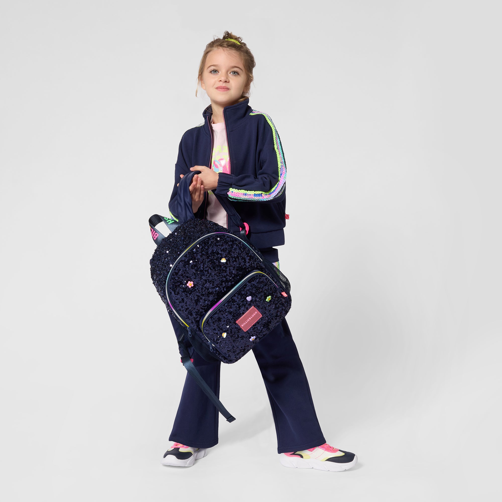 Girls Dark Blue Sequins Cotton Zip-Up Top