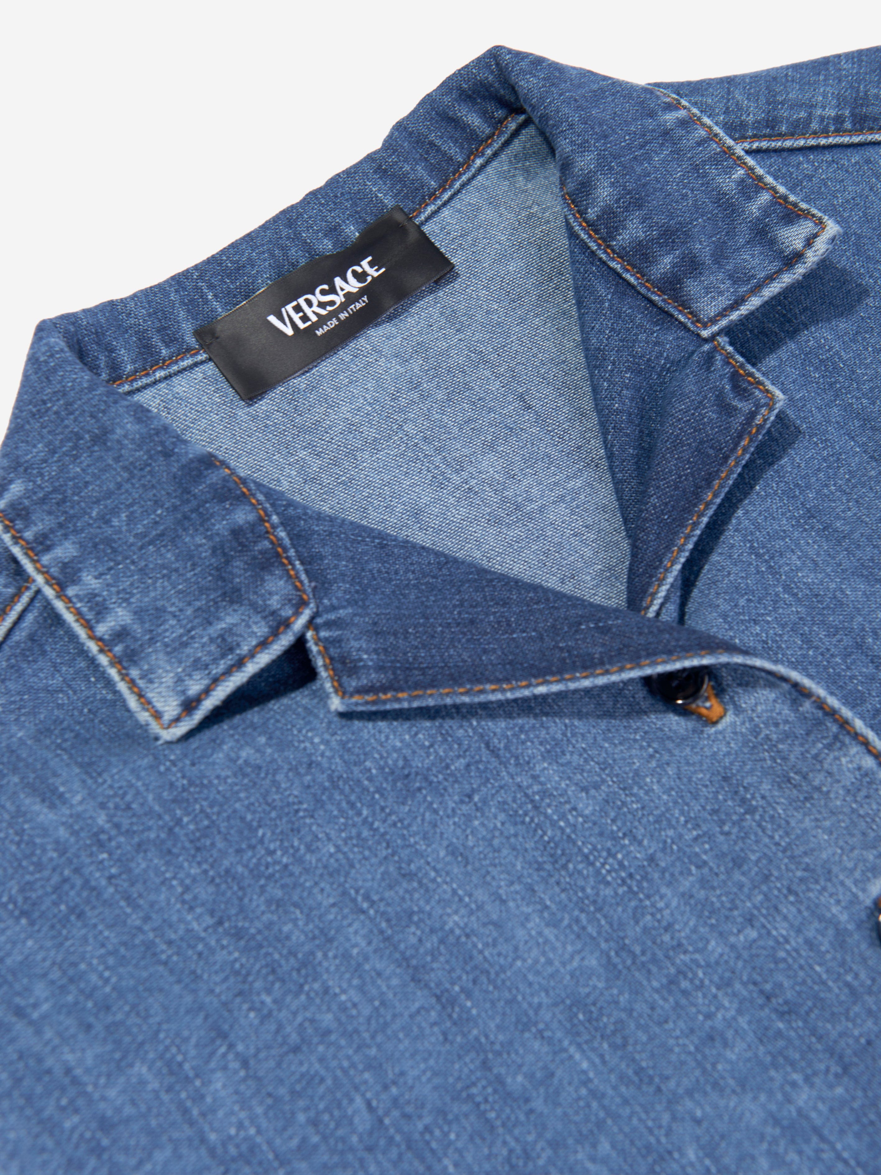 Versace Girls Embroidered Logo Denim Shirt in Blue