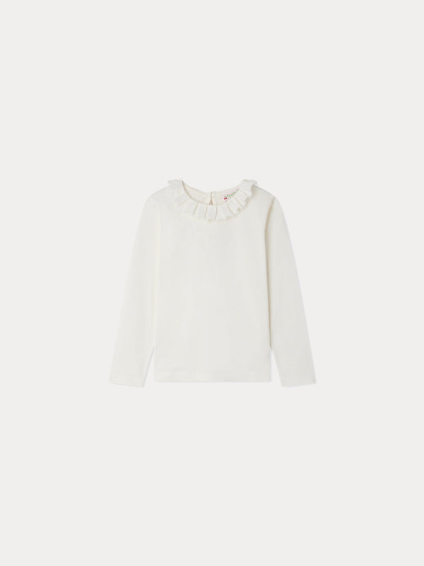 Girls White Ruffled Cotton T-Shirt