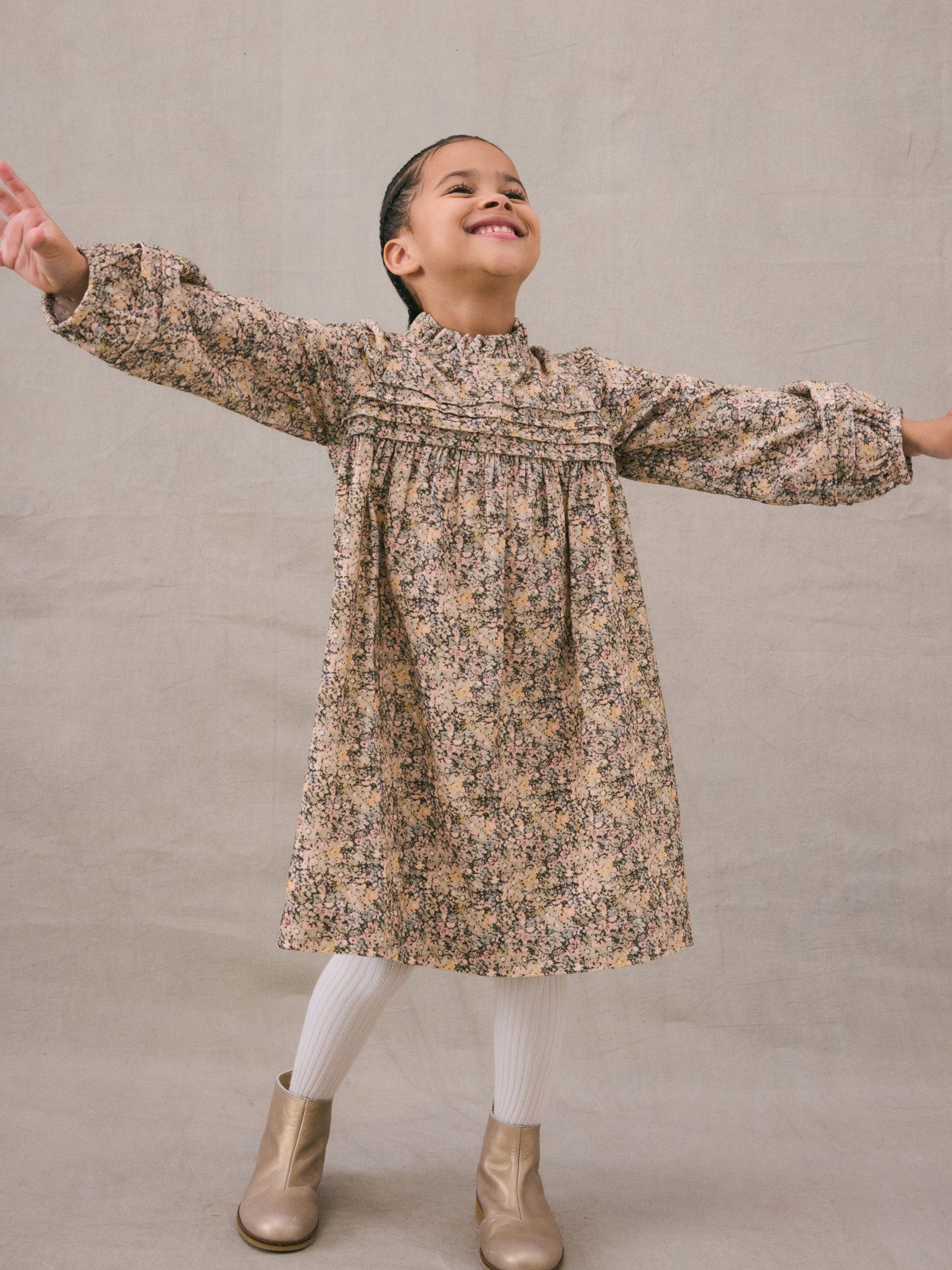 Girls Beige Floral Corduroy Dress