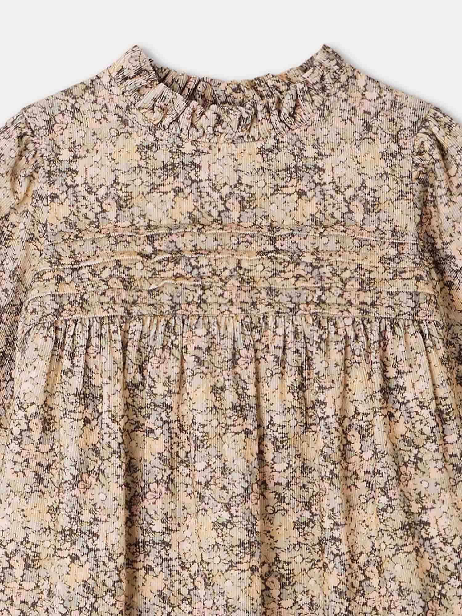 Girls Beige Floral Corduroy Dress