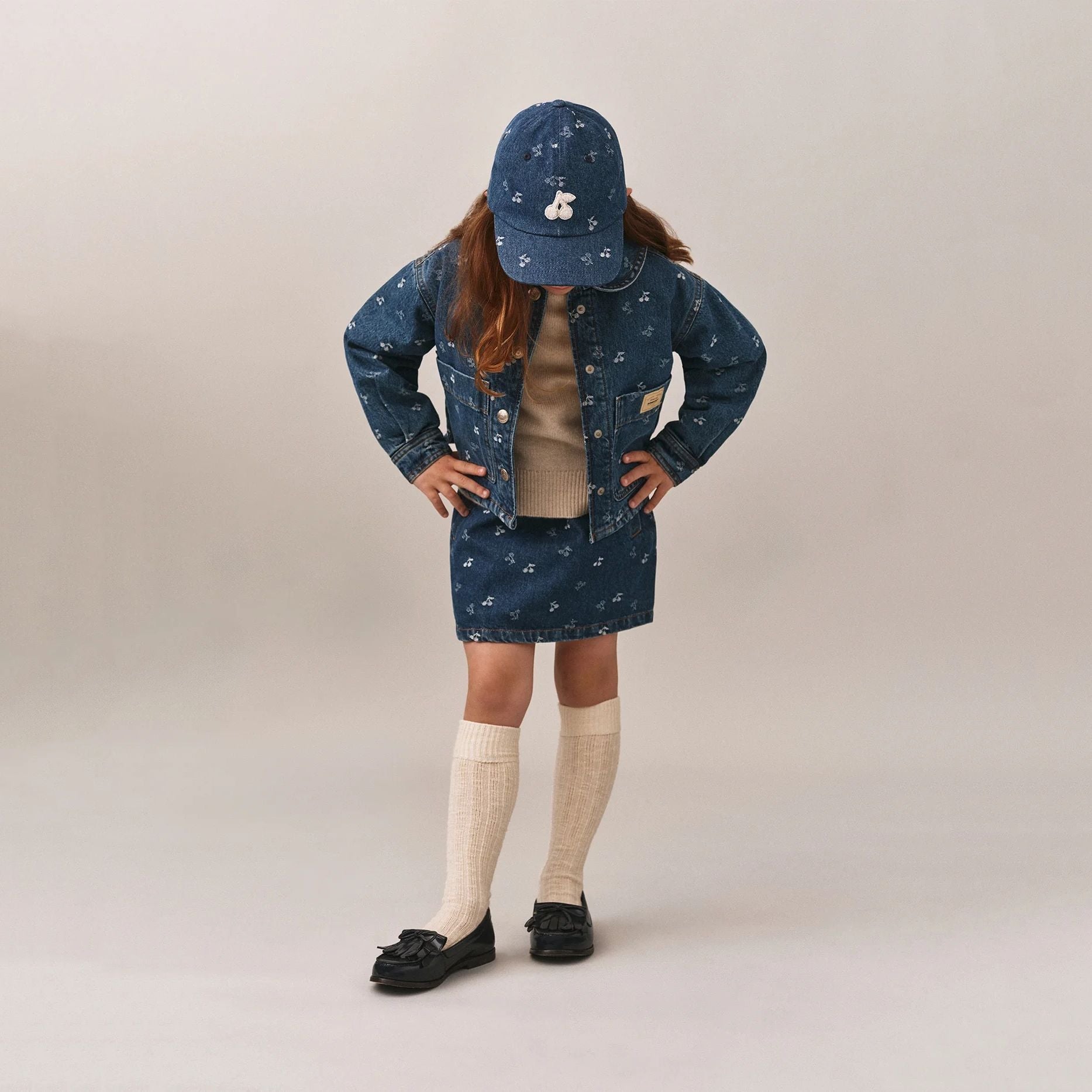 Girls Blue Cherry Jacquard Denim Cap