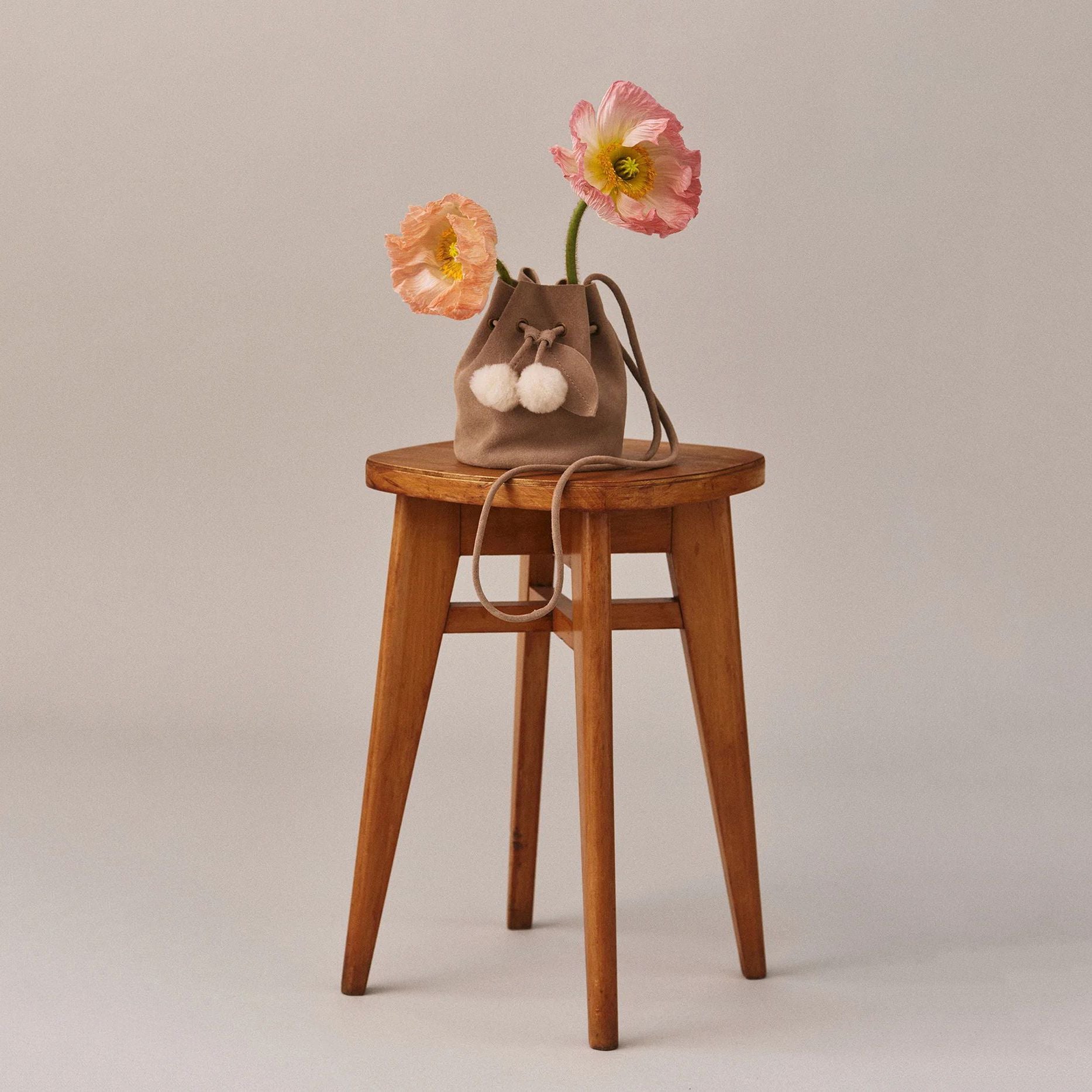 Girls Beige Cherry Pompoms Shoulder Bag