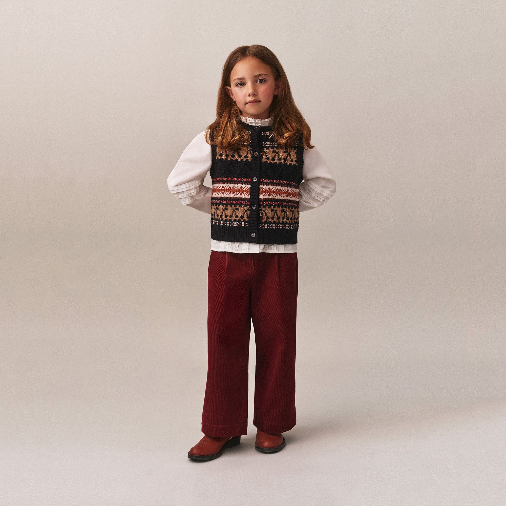 Girls Navy Jacquard Wool Gilet