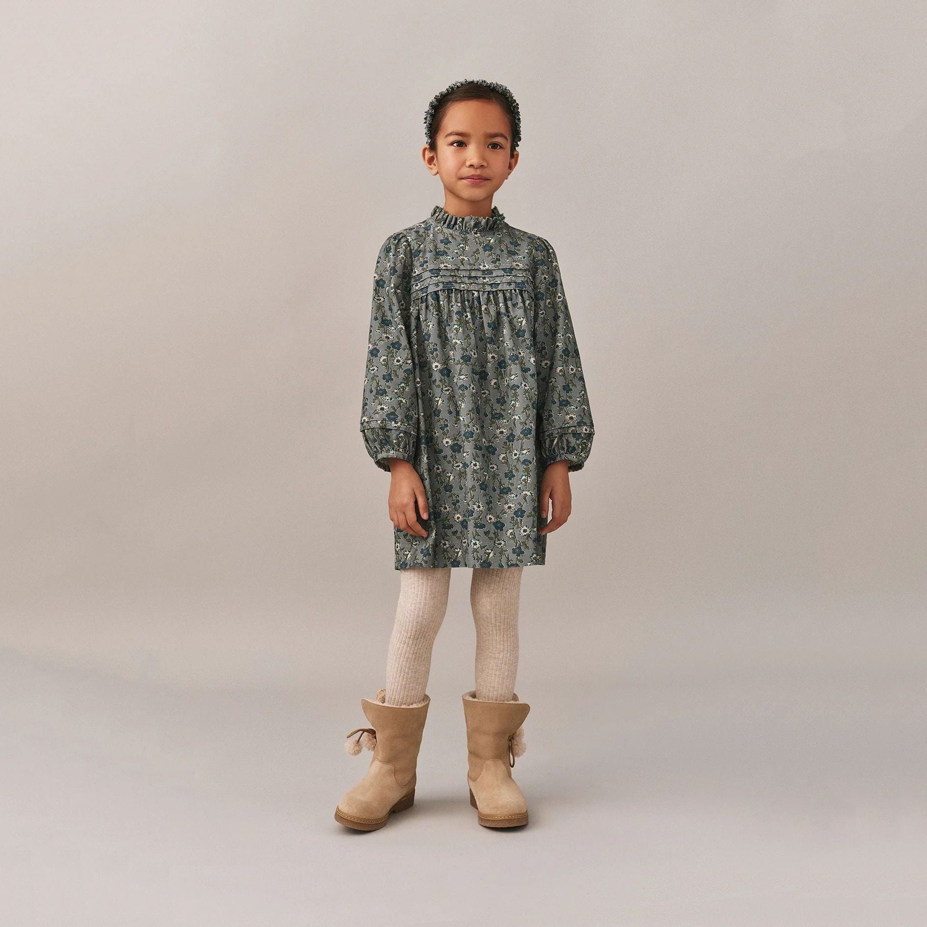 Girls Green Flower Corduroy Dress