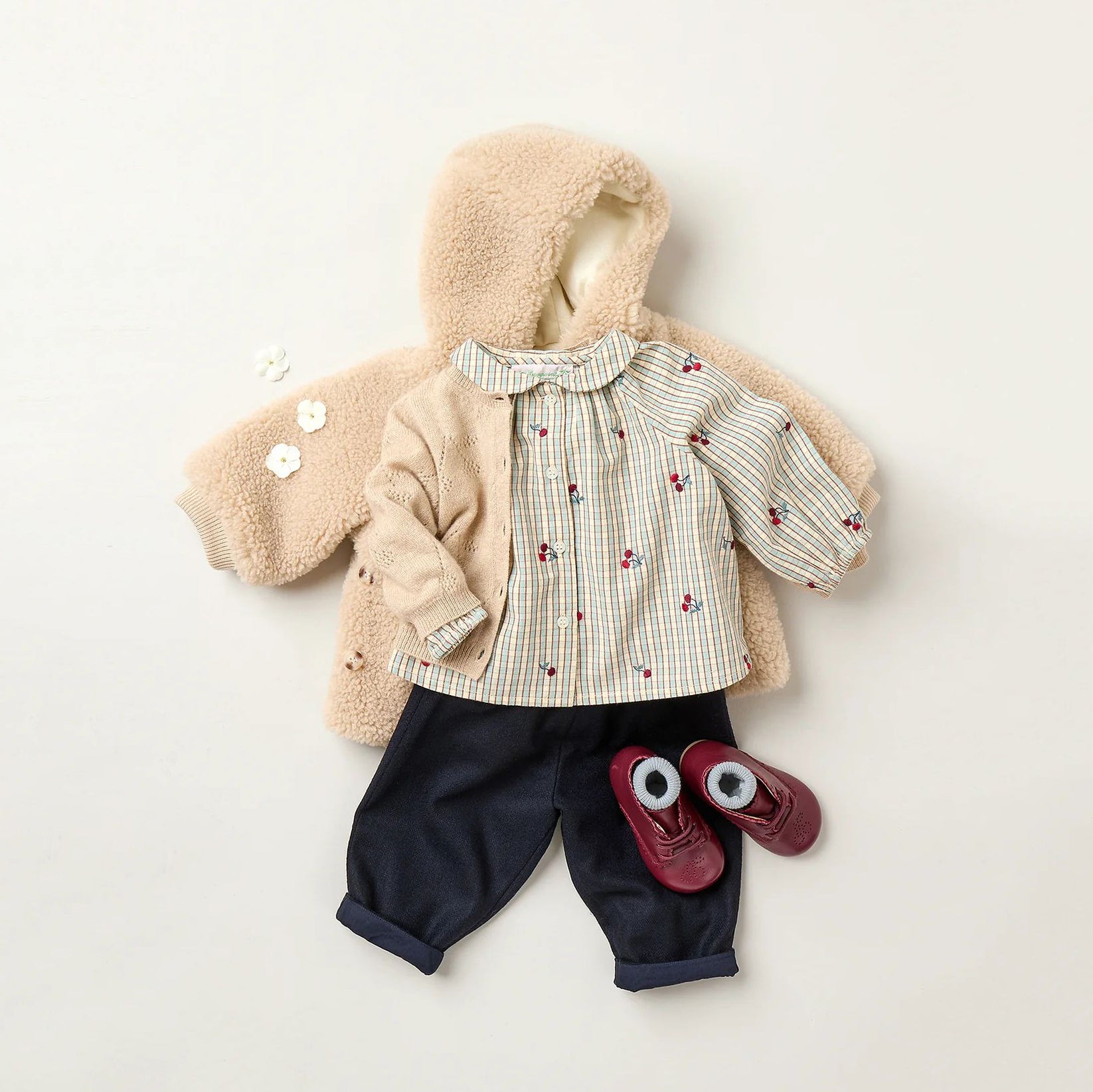 Baby Girls Beige Check Embroidered Cherry Cotton Shirt